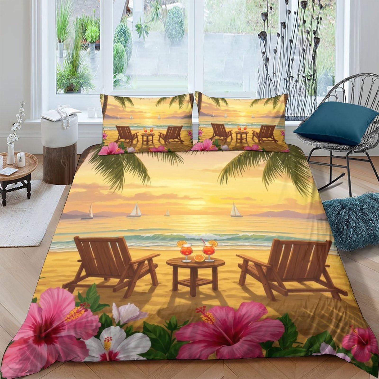 GPLZQXKJNH 3D Printed Sunset Beach Duvet Cover Microfiber Soft Breathable Tropical Palm Bedding Set with 2 Pillowcases for Bedroom Decor, Single（135x200cm）