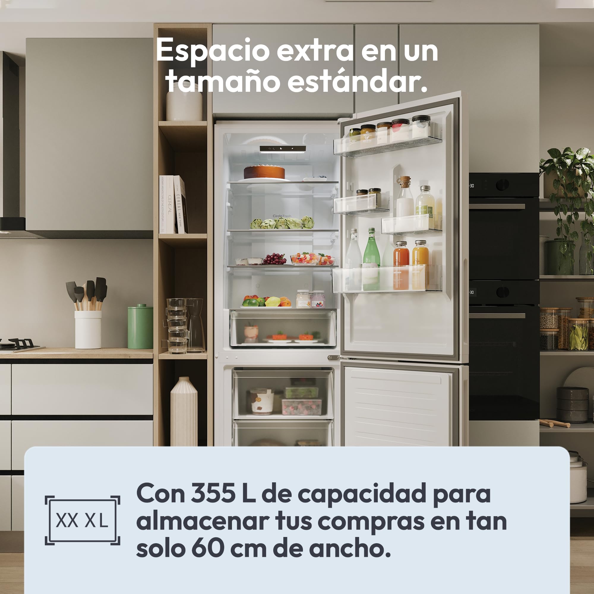 Candy Fresco 300 CNCQ2T618AW, Frigorífico Combi, Capacidad 355L, Total No Frost Circle+, Cajón Verdulero, Control Electrónico de temperatura, 60x185cm, Iluminación LED, Puerta Reversible, 38DB, Blanco