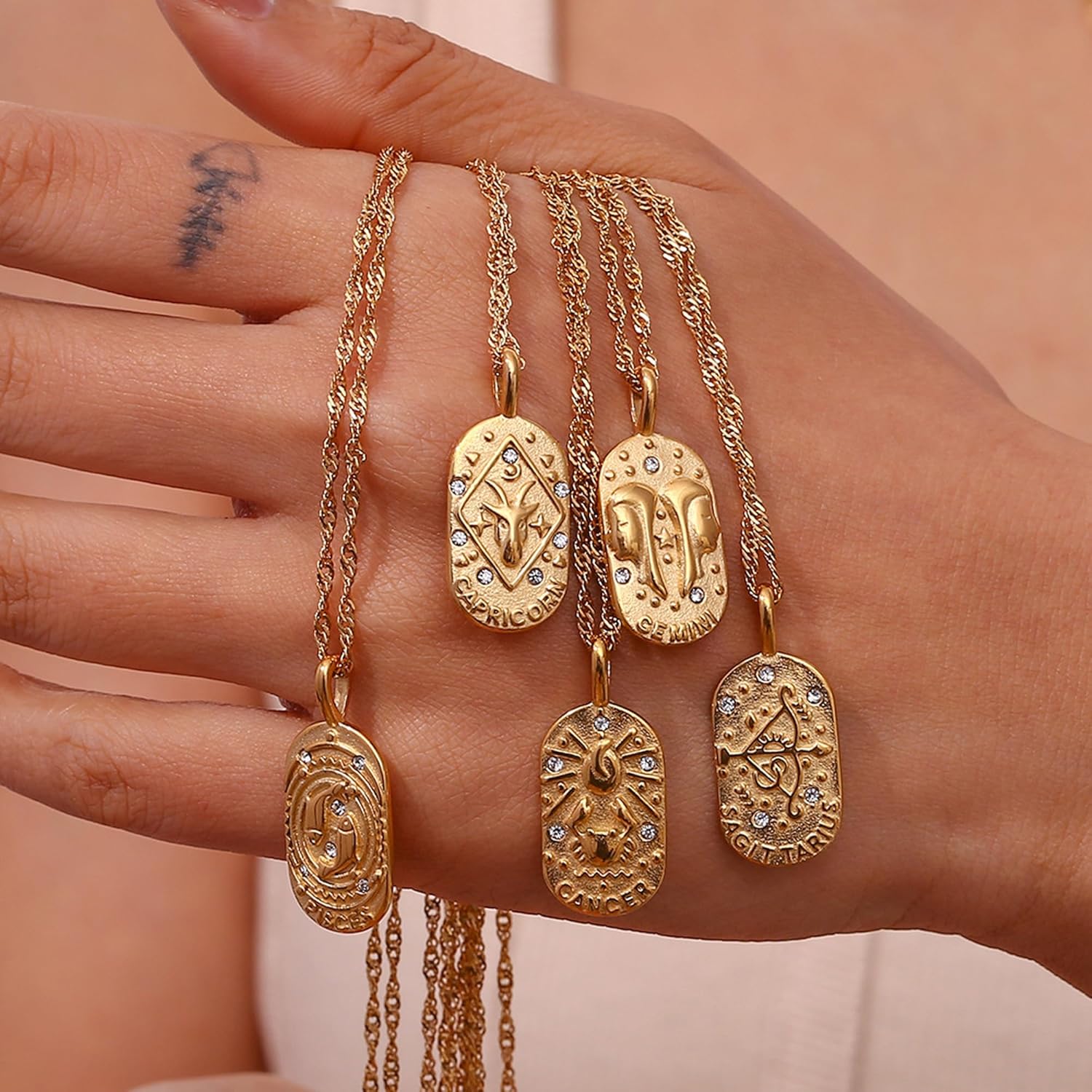 Gold Zodiac Sign Tarot Card Dog Tag Charm Necklace 18K Gold Plated Retro 12 Constellation Pendant Necklaces Trendy Astrology Horoscope Unisex Personalized Jewelry Birthday Gift - Image 6