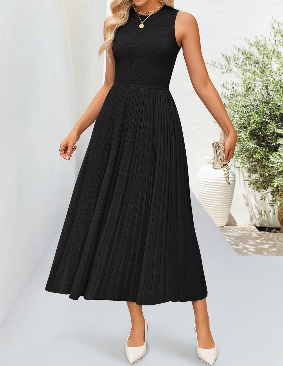 ZESICA Women's 2026 Summer Sleeveless Midi Dresses Casual Crewneck Ribbed Knit Pleated A Line Swing Long Party Dress - Image 2