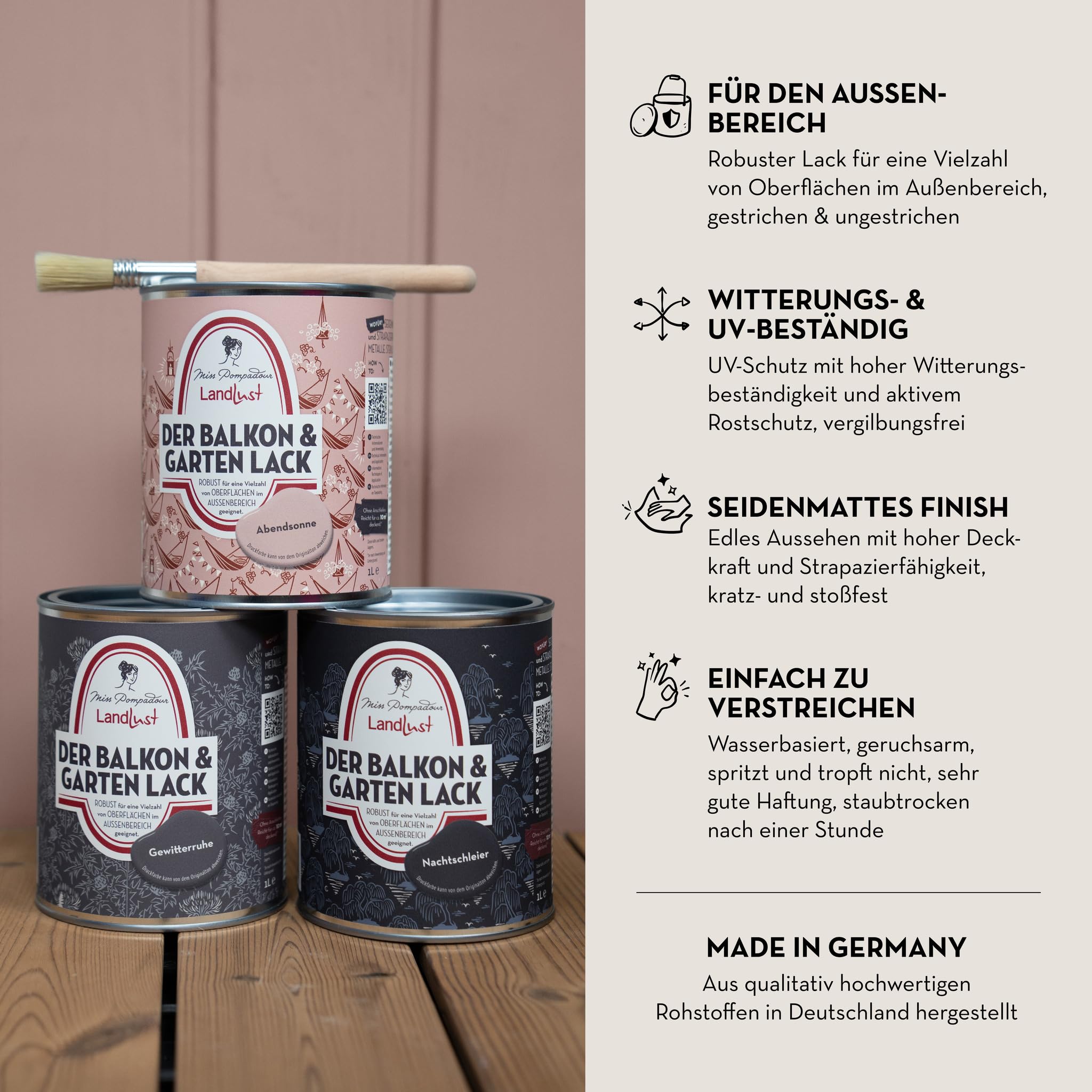 MissPompadour seidenmatter Holzlack außen & wetterfest 1L, Wiesenduft Grün, geruchsarme Möbelfarbe für Holz, Metall & Kunststoff mit UV-Schutz, wasserbasierte Holzfarbe