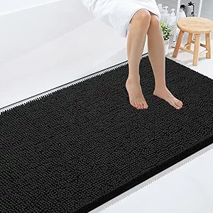 Smiry Luxury Chenille Bathroom Rugs 59x35, Extra Soft and Absorbent Shaggy Bath Mat, Machine Washable, Non-Slip Plush Carpet Runner for Tub, Shower, and Floor, Home Decor Accessories, Black