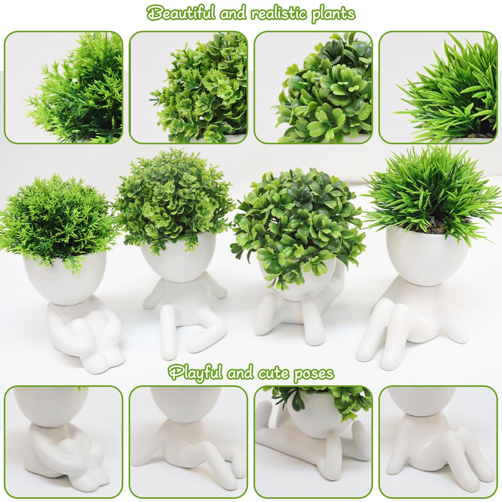 MAKHOT Paquete de 4 plantas suculentas artificiales creativas en macetas de cerámica con forma humana, lindas suculentas sintéticas para habitación, baño, hogar, oficina, escritorio, decoración