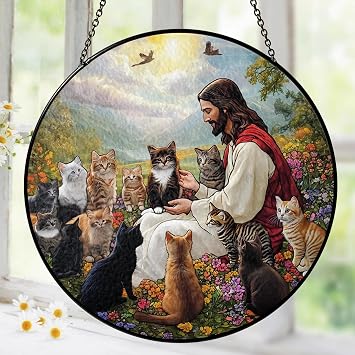 Christian Gifts for Women Faith Window Hanging Suncatcher Stained Glass, Jesus & Cats Faith Home Decorations Jesus Gifts for Women of God Christmas Religious Catholic Gift for Cat Lovers Memorial