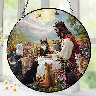 Christian Gifts for Women Faith Window Hanging Suncatcher Stained Glass, Jesus & Cats Faith Home Decorations Jesus Gifts for Women of God Christmas Religious Catholic Gift for Cat Lovers Memorial