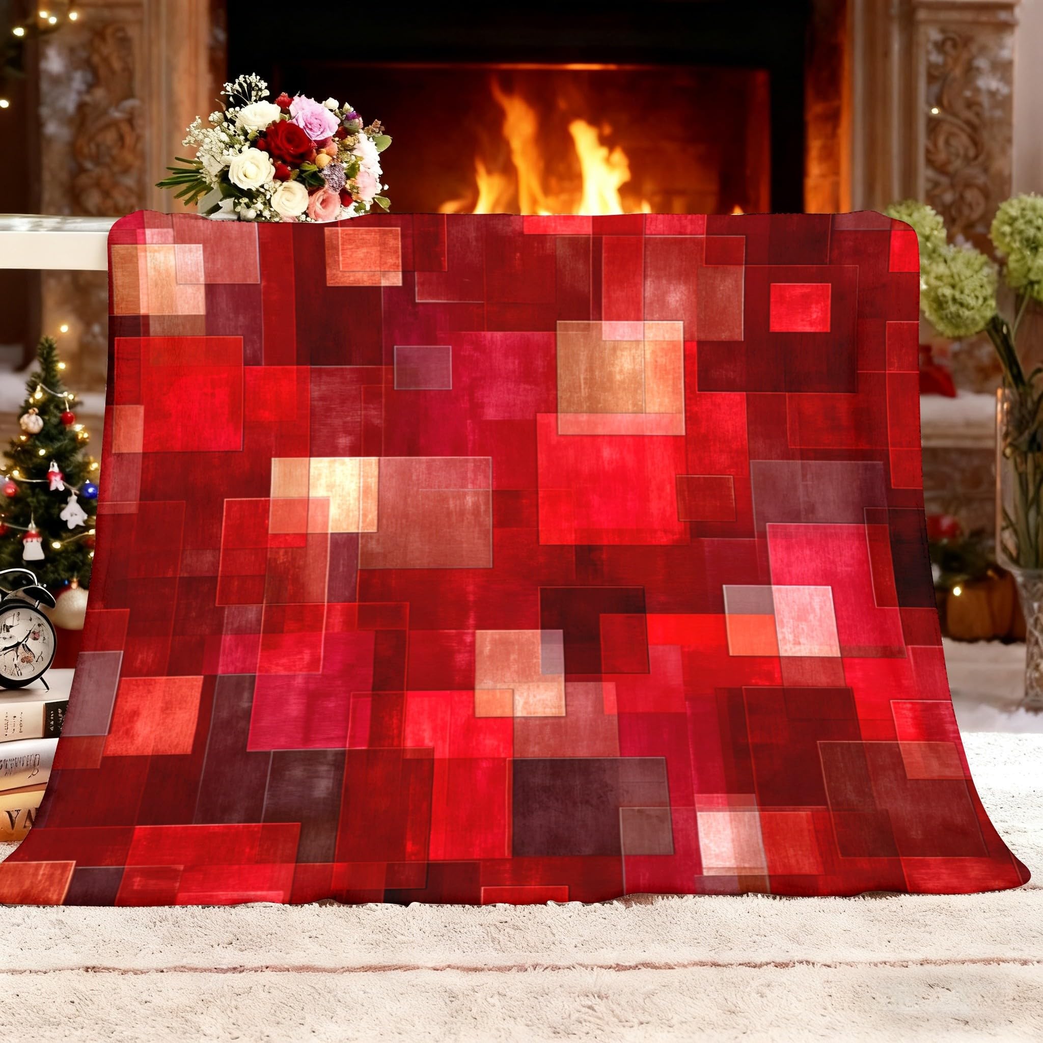 Plaid polaire flanelle rouge 150x200 contre le froid couverture de canapé douillette mosaïque