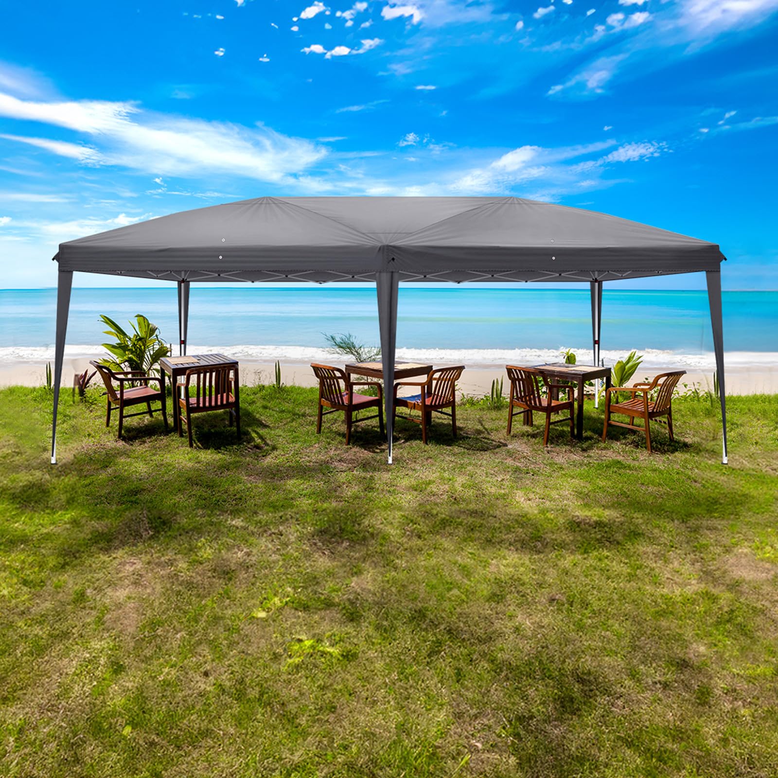 LEADZM 3 x 6 m Tonnelle de Jardin Pliable,Pop-up,Réglable en Hauteur,Protection UV 50+,avec 6 Côtés,Cadres en Acier,Convient pour la Fête, l'extérieur,Patio,Camping,Gris Foncé