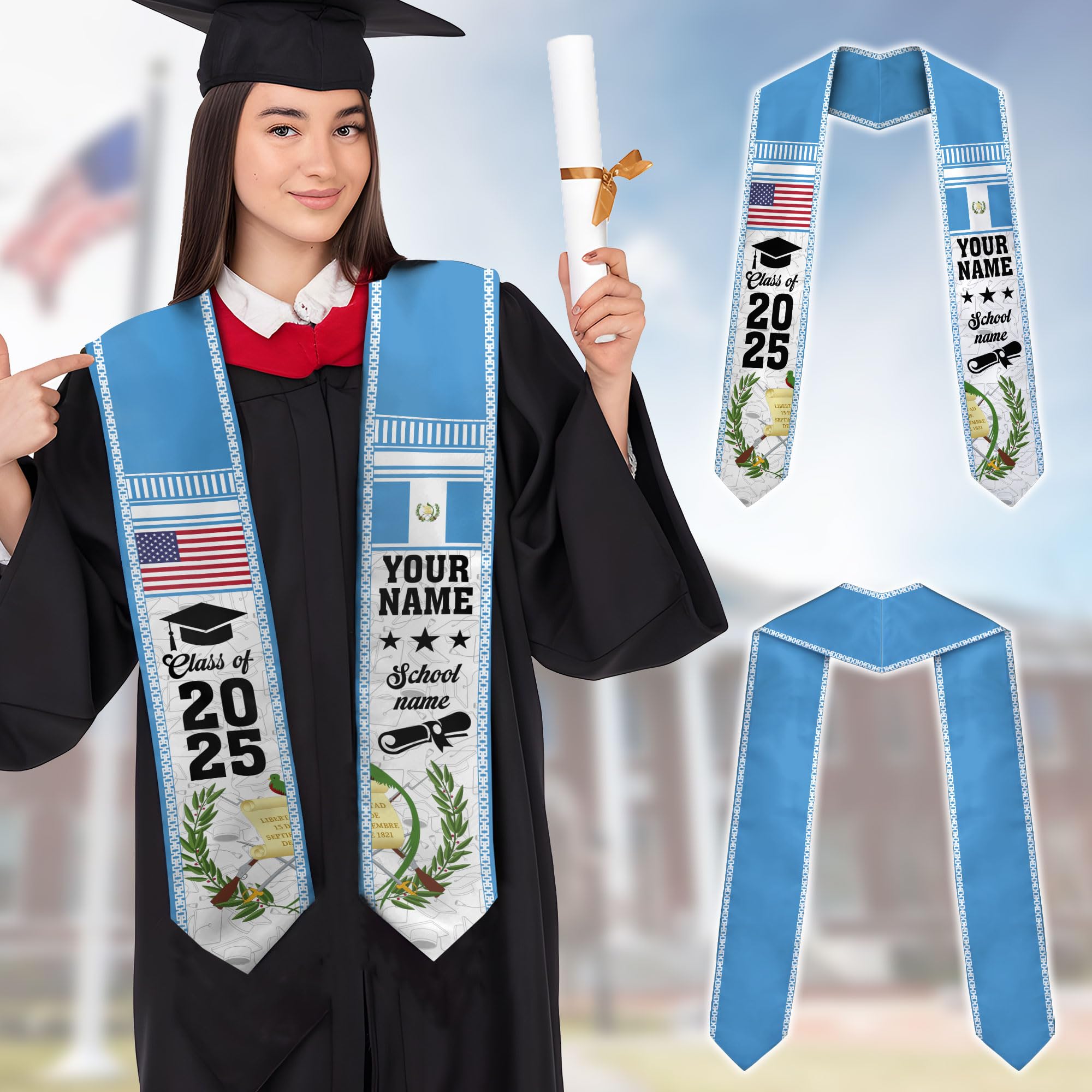 MonkeyVan Custom Guatemala Graduation Sash, Personalized Guatemalan Graduation Sash 2025, Guatemala American Graduation Sashes Gtm10