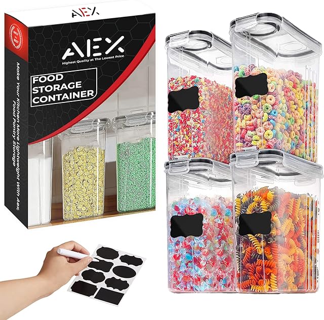 AEX Airtight Cereal Storage Containers Pantry Food Organization Cereal Dispenser Food Grade and Bpa Free Sugar, Flour, Snack, Baking Supplies, Leak-proof With Black Locking Lids | 4.4L (Pack of 4)