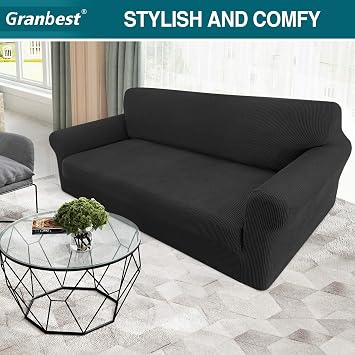Granbest High Stretch Sofa Covers 3 Seater Super Soft Stylish Couch Covers for Dogs Pets Cats Jacquard Spandex Non Slip Sofa Slipcover for Living Room Furniture Protector (3 Seater, Black)