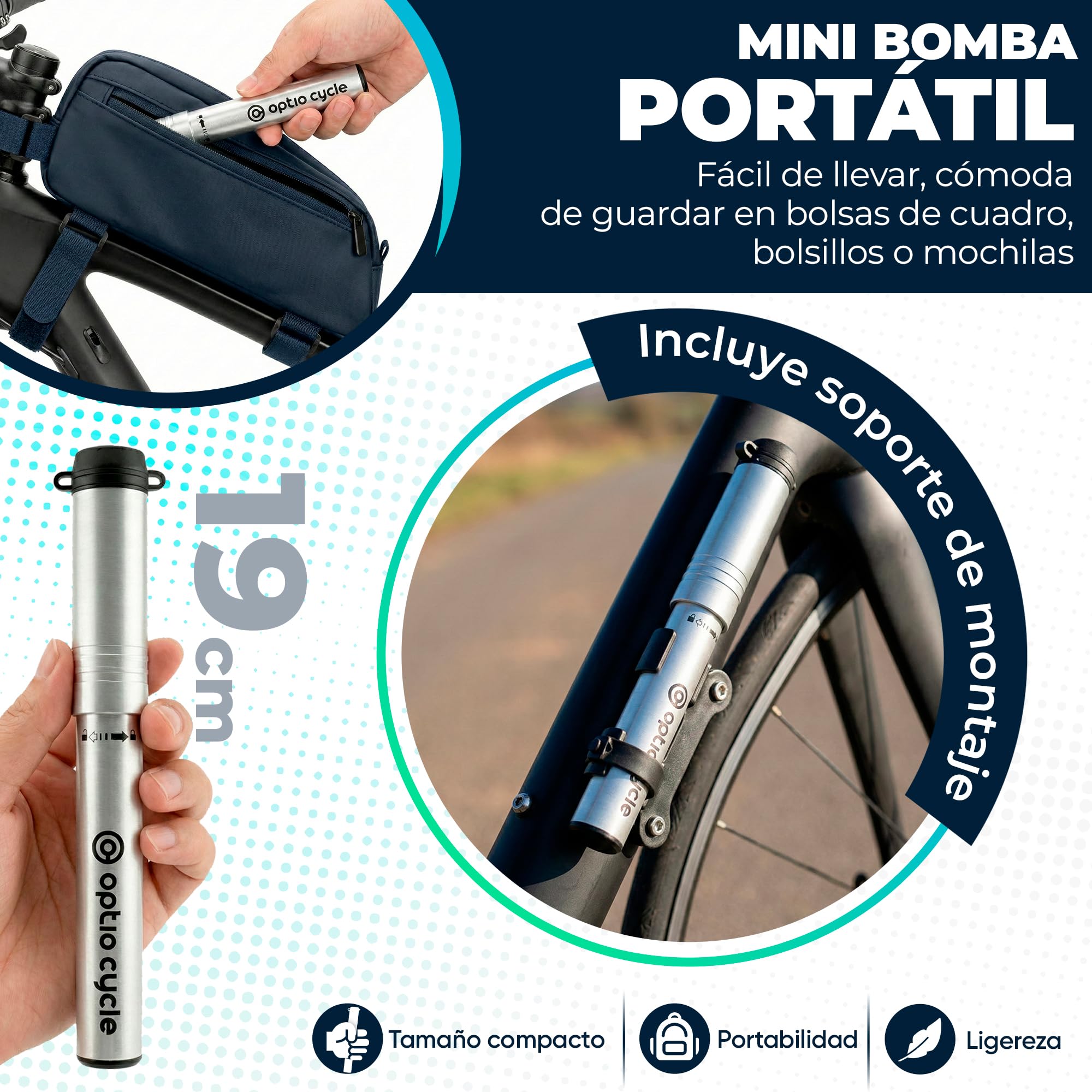 Mini Bomba Bicicleta con Manguera 120 PSI / 8,3 Bar – Inflador Bicicletas de Aluminio Portátil para Presta y Schrader | Mini Bomba de Aire Bicicleta Manual Compacto | Mancha, Hinchador MTB