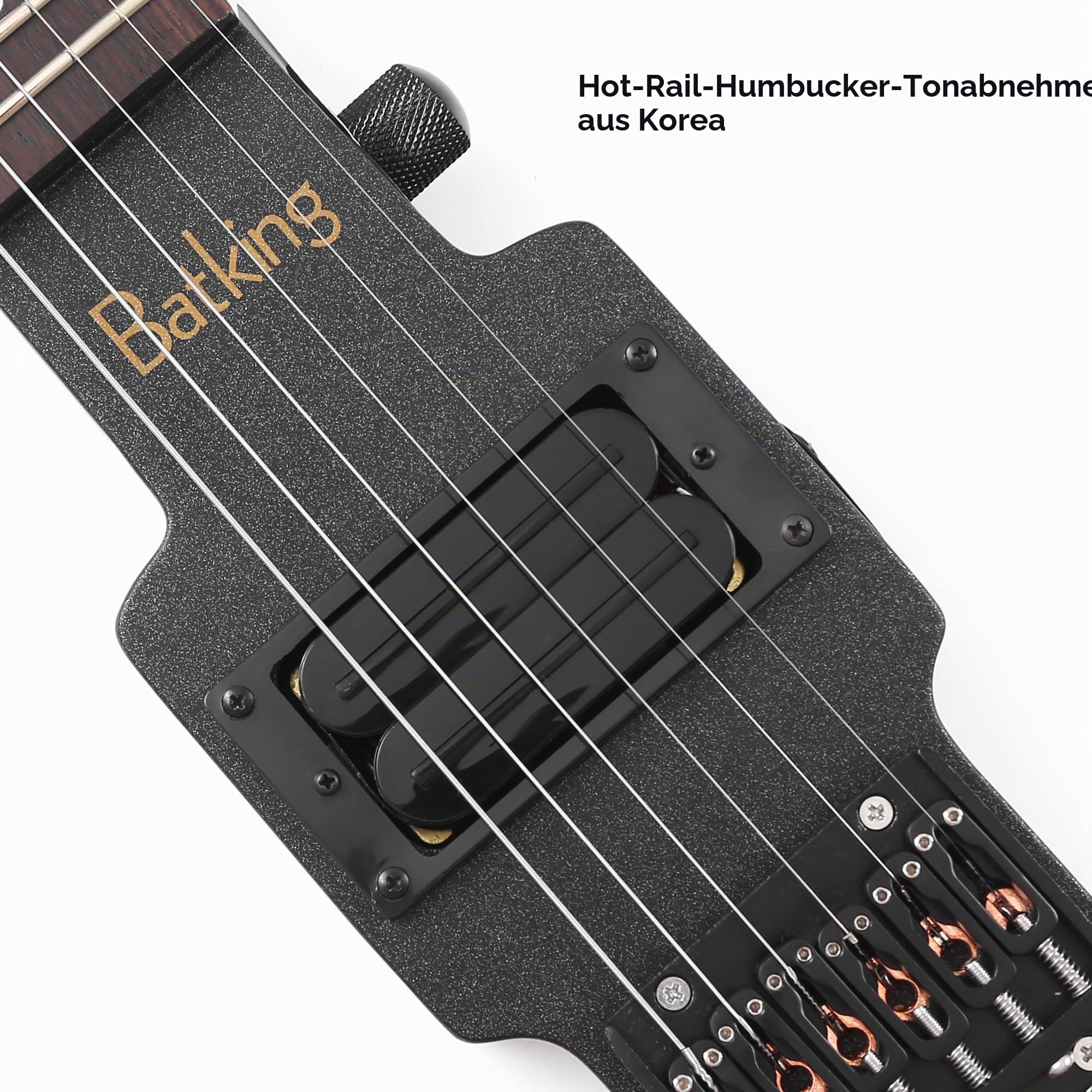 Batking Reise-E-Gitarre, kopflose Gitarre mit 6 Saiten, einteiliger kanadischer Ahornhals, durchgehendes Korpusdesign, Messing-Steg-Befestigung mit Gigbag