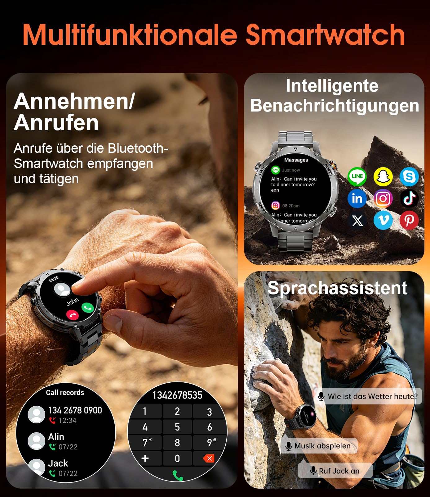 LIGE Militär Smartwatch Herren, 1400mAh Akku, 1,7 Zoll HD Große Smart Watch mit LED Taschenlampe, Bluetooth Anruf, 110+ Sportmodi, IP68 Wasserdicht, Fitnessuhr für Android iOS, 2 Armbändern, Schwarz