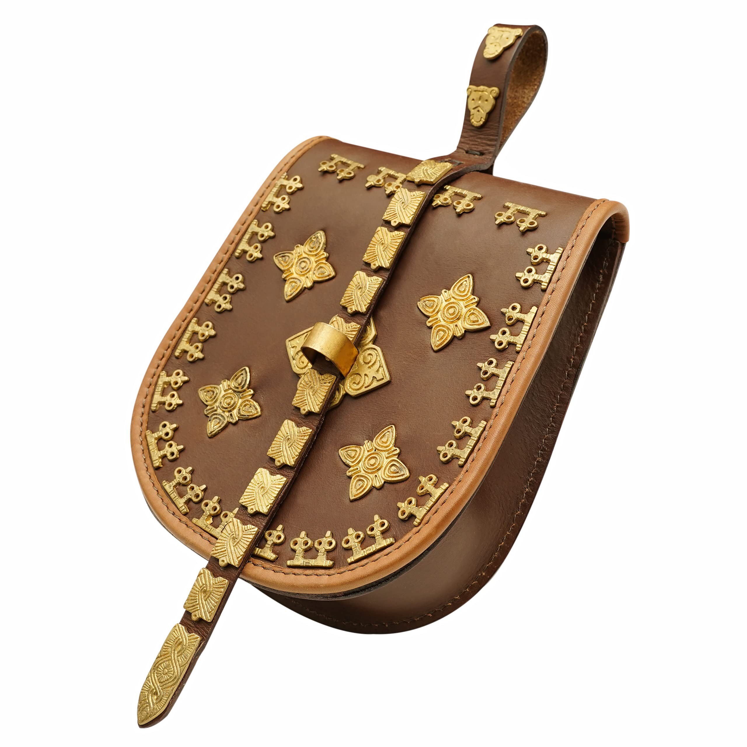 Mythrojan BIRKA LEATHER BAG TARSOLY with Solid Brass Decorations Ideal for Viking Reenactment, LARP