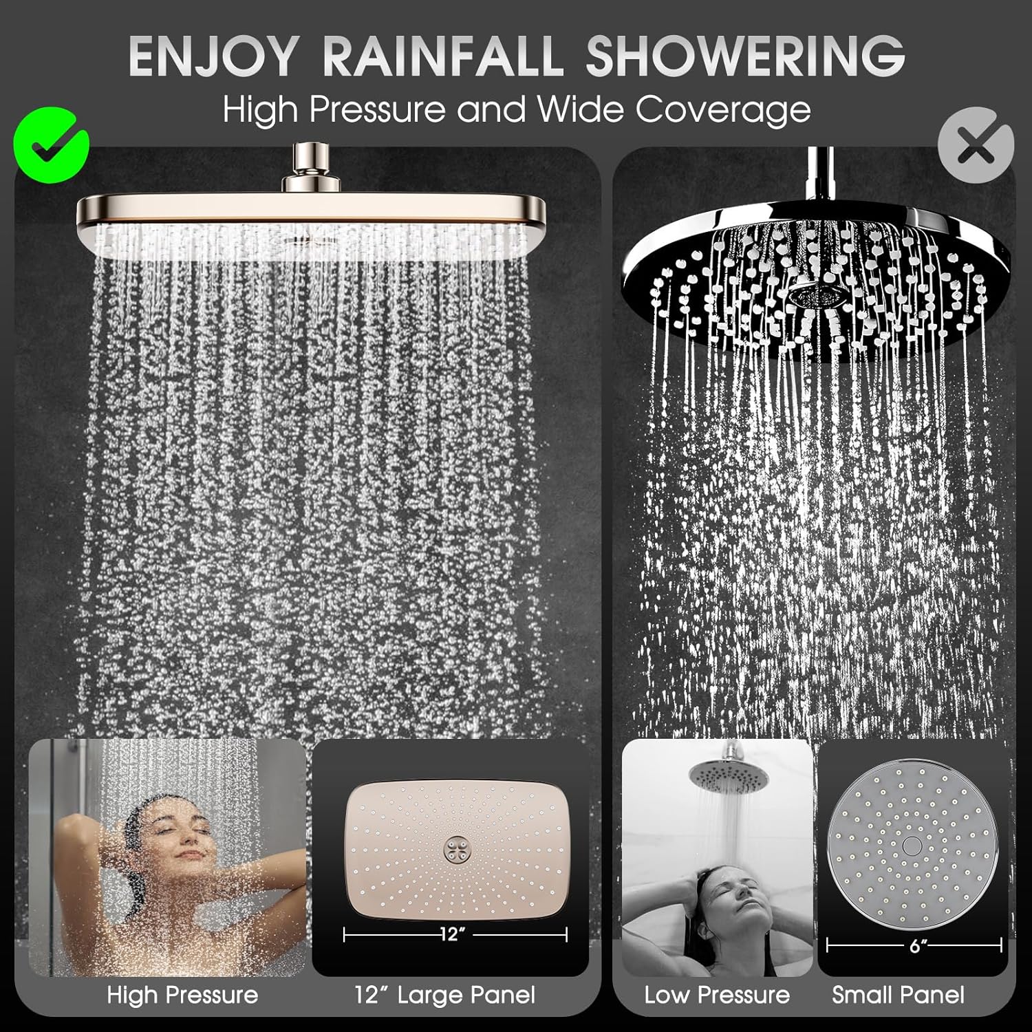 12" Rain Shower Head with Magnetic 4.7" 9-Mode Handheld Spray Combo, High Pressure Dual Shower Heads with Adjustable Extension Arm, with 59'' Extra Long Shower Hose (Nickle)