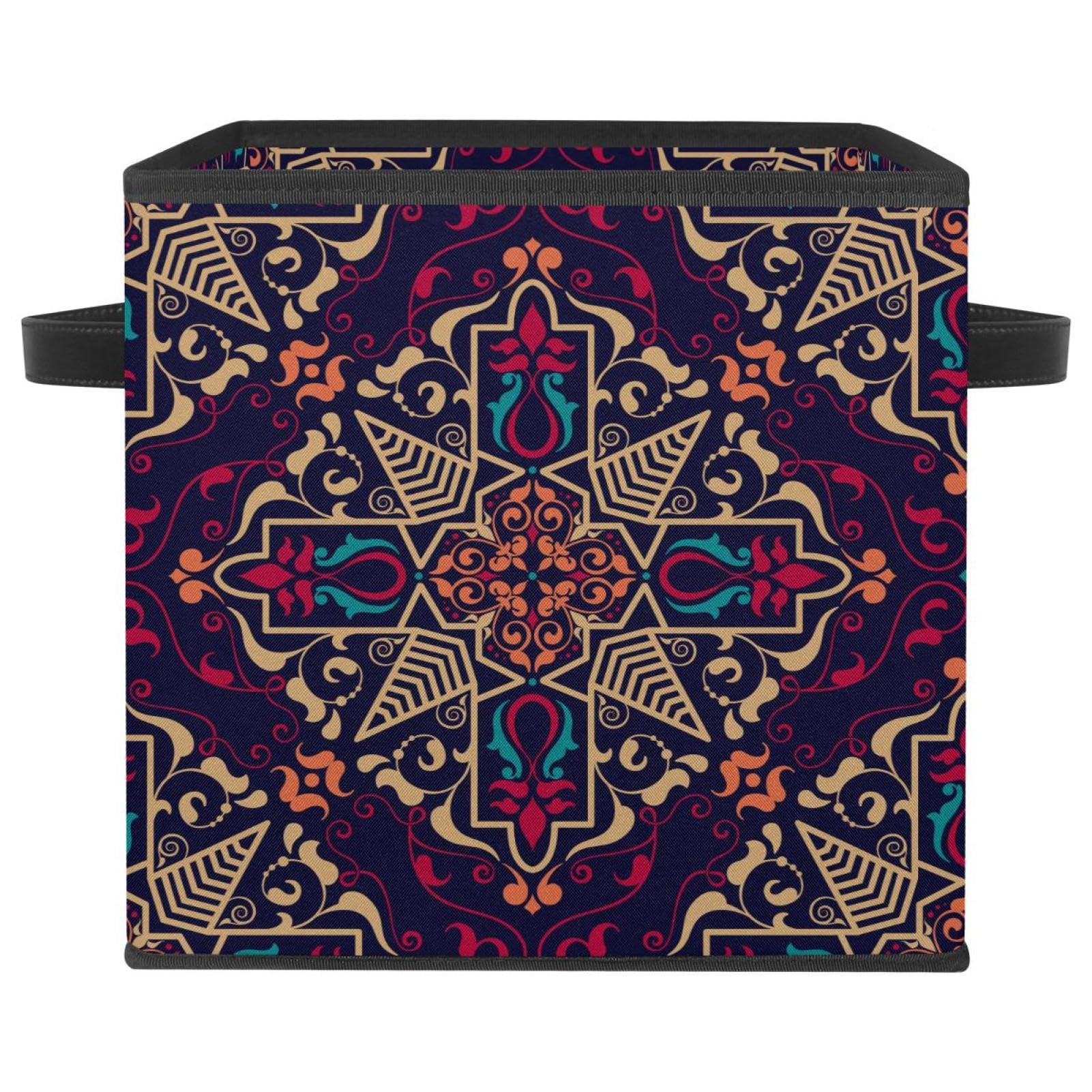 Boîte de rangement pliable en tissu style boho chic motif ethnique rétro floral pour la maison