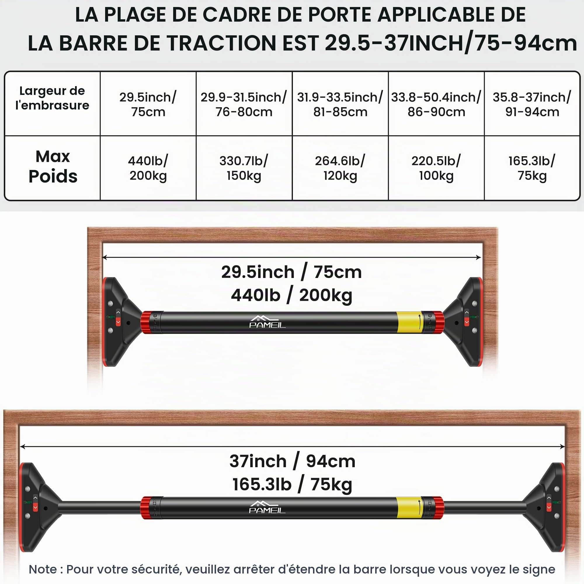 Chinstange de porte, barre de traction Pameil avec capacité de charge jusqu’à 200 kg, barre d’appui sans vis, extensible de 75–94 cm