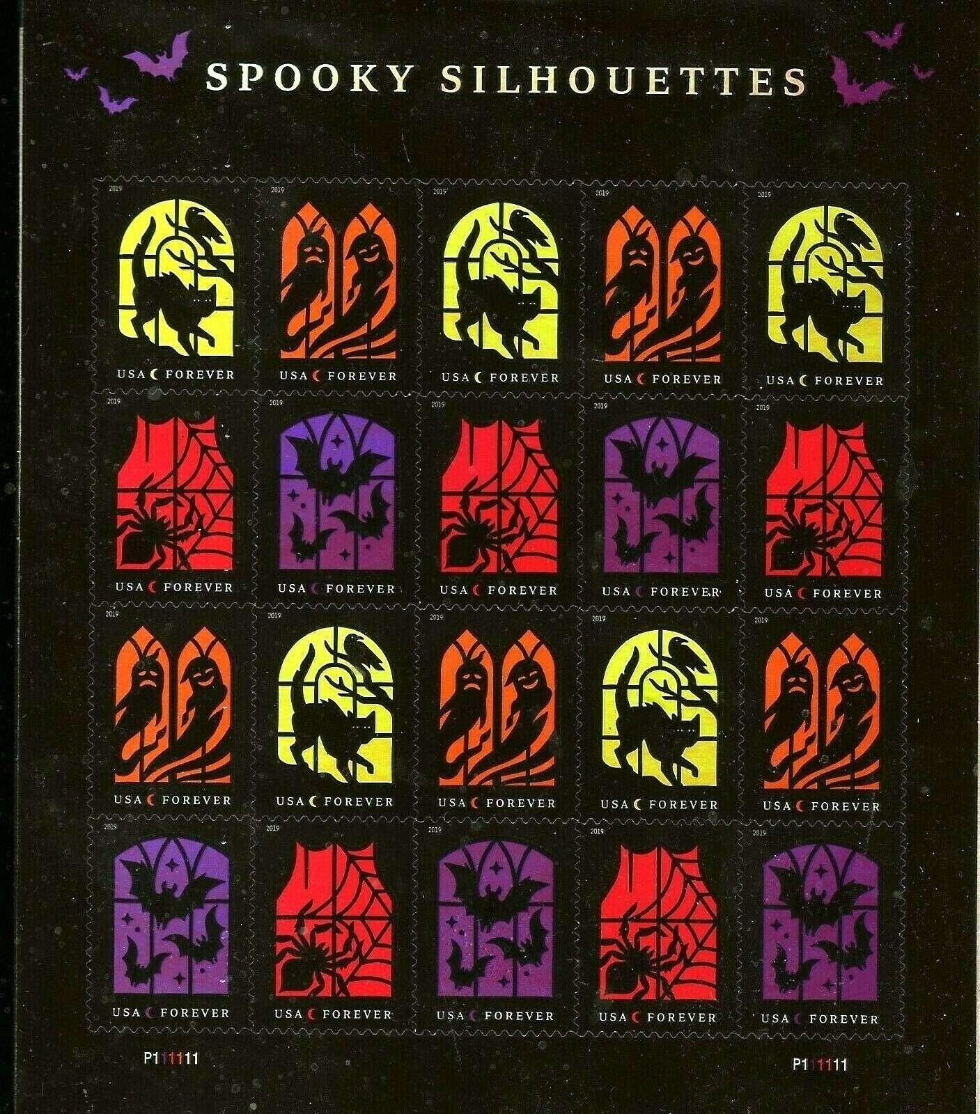 Spooky Silhouettes (Sheet of 20) Halloween with Iridescent Rainbow Foil Effect (Cat and Raven, Ghosts, Spider and Web, Bats) First-Class Mail Forever Postage Stamps 2019 Scott #5420-5423