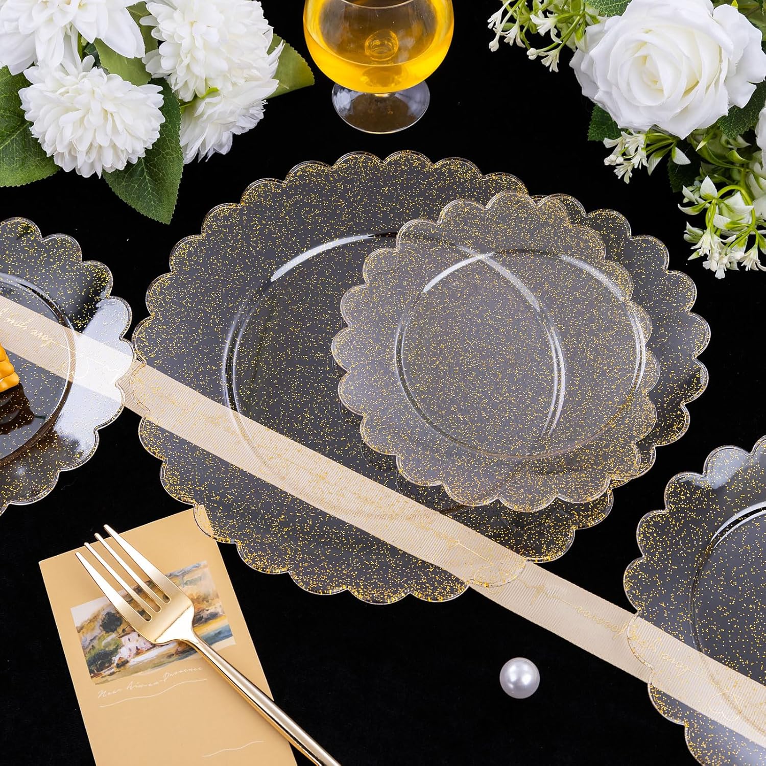 LIYH 60 Pcs Gold Glitter Plastic Scalloped Plates - Disposable Heavyduty Combo Plastic Plates Dishes Included 30 Dinner Plate 30 Dessert Plate for Weddings Party Birthday - Image 3