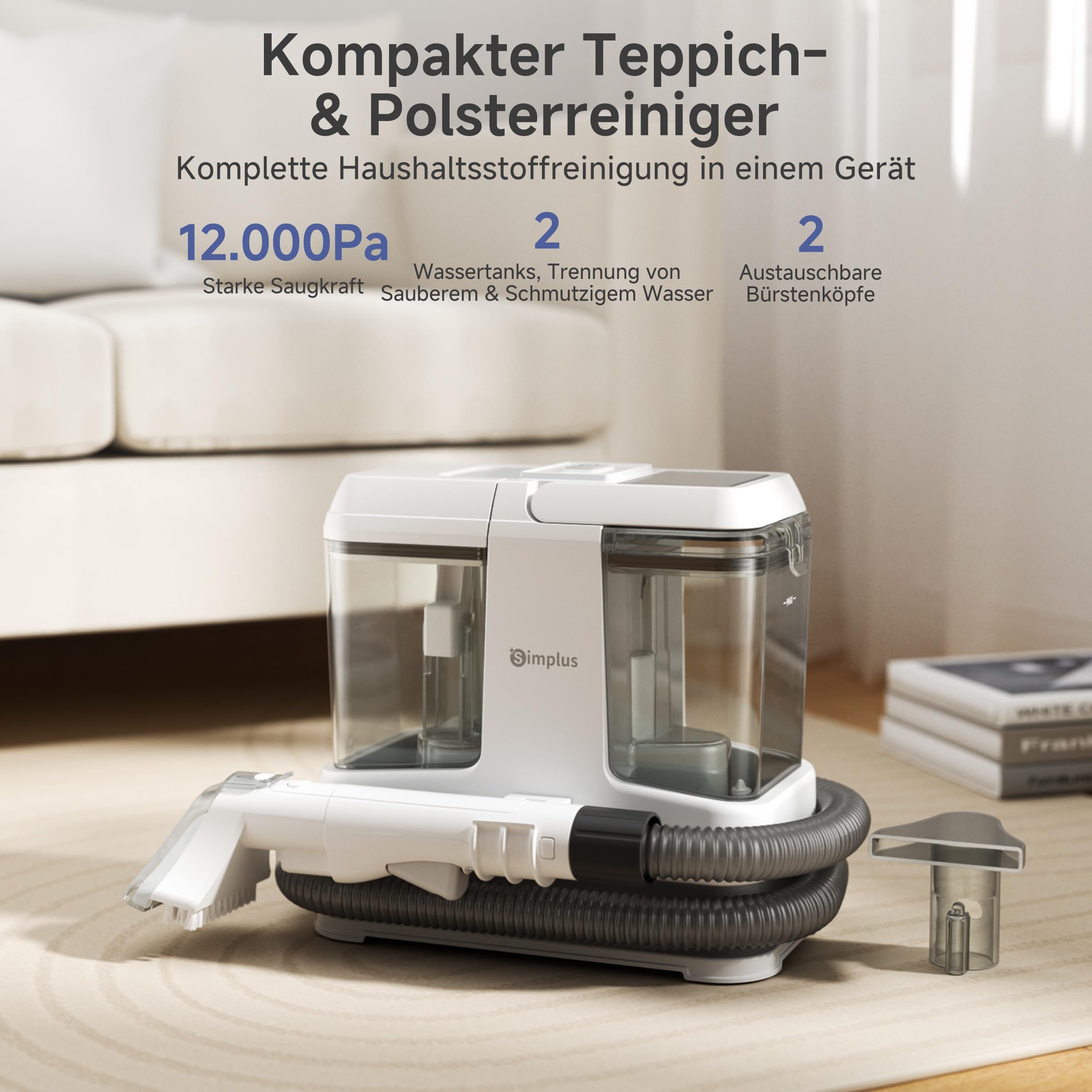 SIMPLUS Polsterreiniger Gerät 12000Pa, kompakter Waschsauger mit 2-Tank-System, Sprüh- & Saugfunktion, Nasssauger für punktuelle Fleckenreinigung auf Sofa, Polster, Teppich & Auto, 2,5 kg, 2 Bürsten