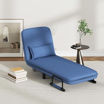 KOMFOTT 3-in-1 Convertible Sofa Bed, Sleeper Chair with 5-Position Adjustable Backrest & Lumbar Pillow, 2 Hidden Metal Legs & 2 Lockable Casters, Comfy Chaise Lounge for Living Room & Home, Blue