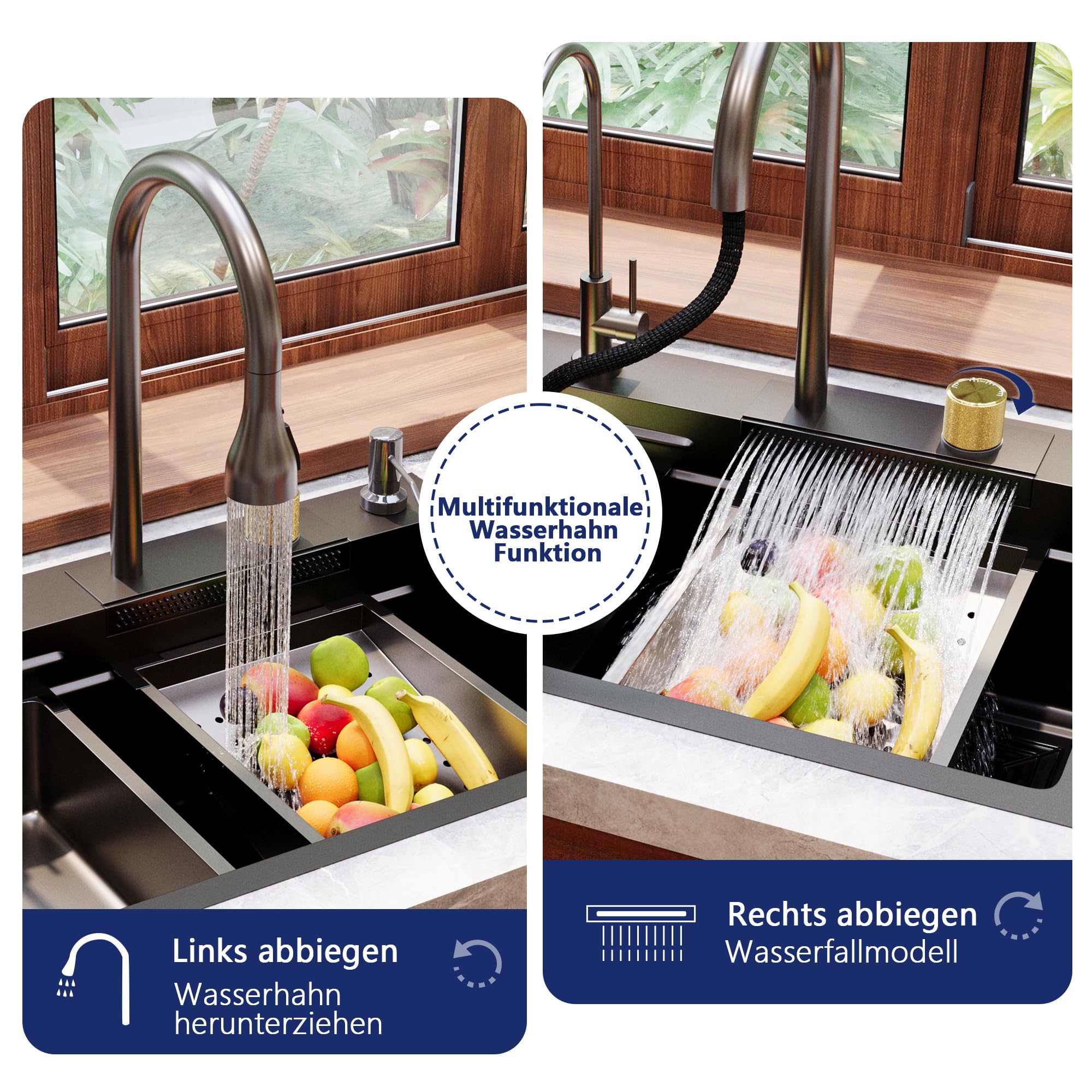 DeerValley Waschbecken Küche Schwarzgrau Edelstahl Küchenspüle mit Ausziehbarem Wasserhahn und Raindance Wasserfall-Spülbecken, Großes Spülbecken (74.9 cm L x 45.7 cm) mit Becherreinigungsfunktion