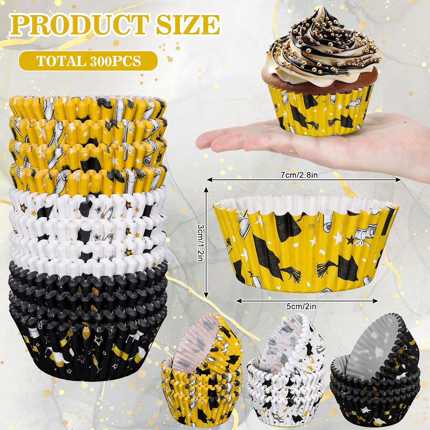 JarThenaAMCS 300Pcs Graduation Cupcake Liners Congrats Grad Yellow White Black Multicolored Paper Muffin Baking Cups Wrappers Holders for 2026 College High School Birthday Party Supplies Table Decor image 2