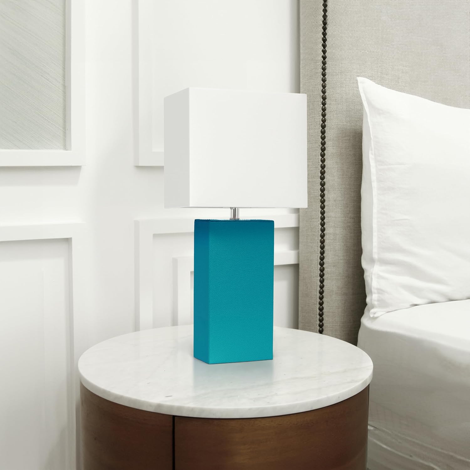 Elegant Designs LT1151-TEL 21" Contemporary Faux Leather Encased Table Lamp for Living Room, Bedroom, Study, Office, Entryway, Reading Nook, Teal