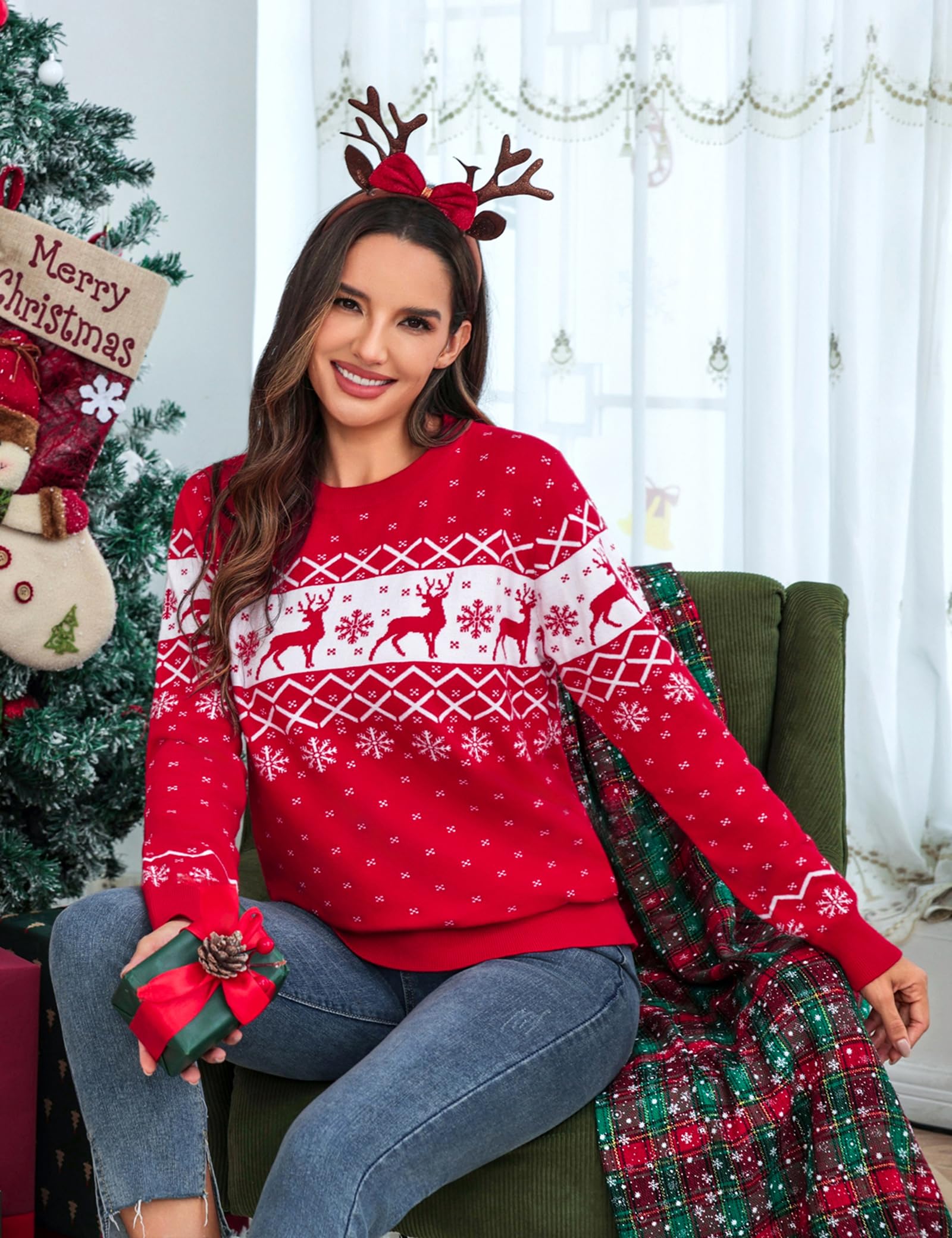 Aottori Weihnachtspullover Damen Herren Rundhals Rentier Muster