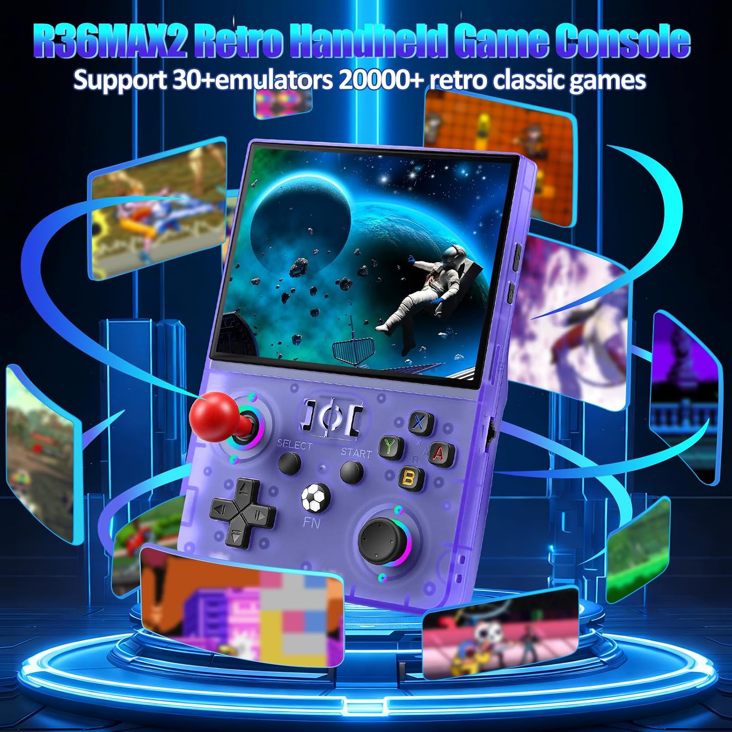 R36MAX2 Retro Video Game Console, 4.5 Inch 4K HD IPS Screen Retro Gaming Console, Handheld Game Console Preloaded 30+ Emulator Games, Linux System, Portable Video Console (Transparent Purple - 64G)