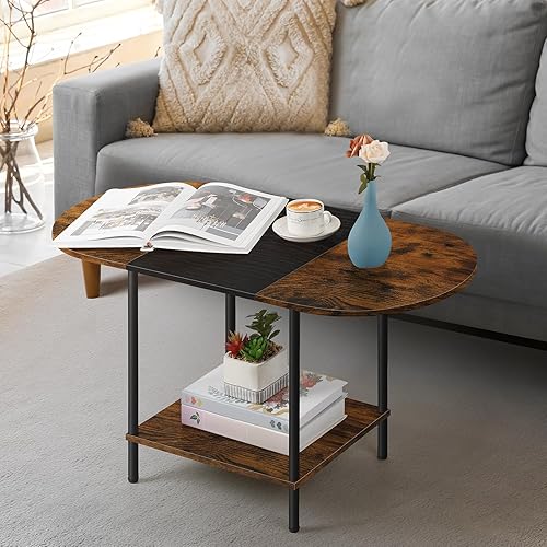 OYEAL Mesa de centro redonda pequeña para sala de estar, mesa central ovalada con 2 capas de almacenamiento y estante de apertura para exhibición,