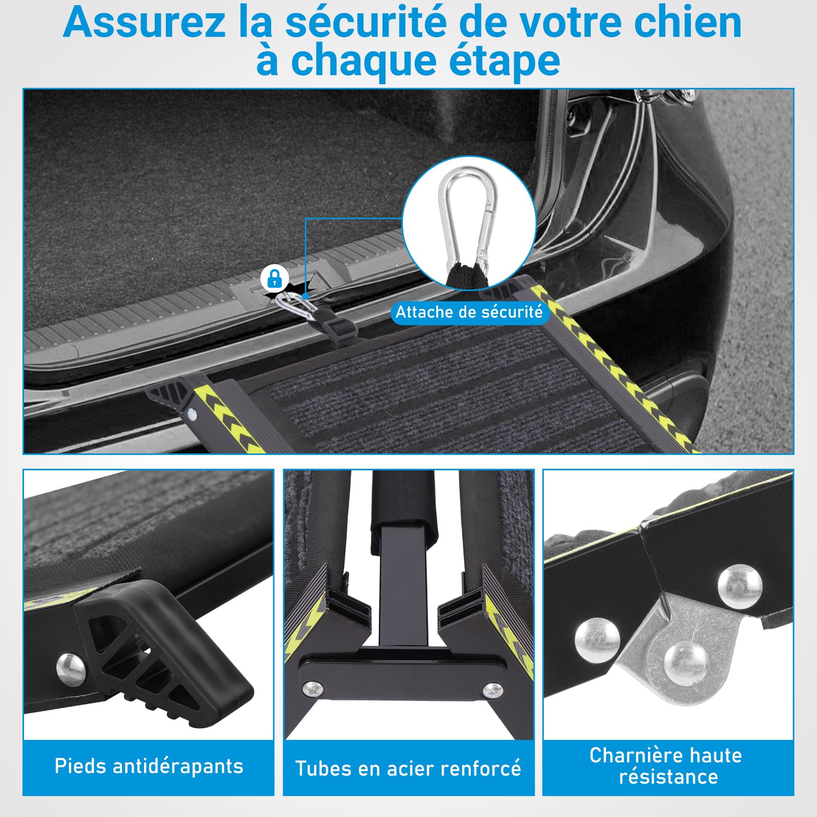 Rampe pour Chien Voiture Pliable 160 x 44 cm 70 kg Antidérapant Bandes Réfléchissantes
