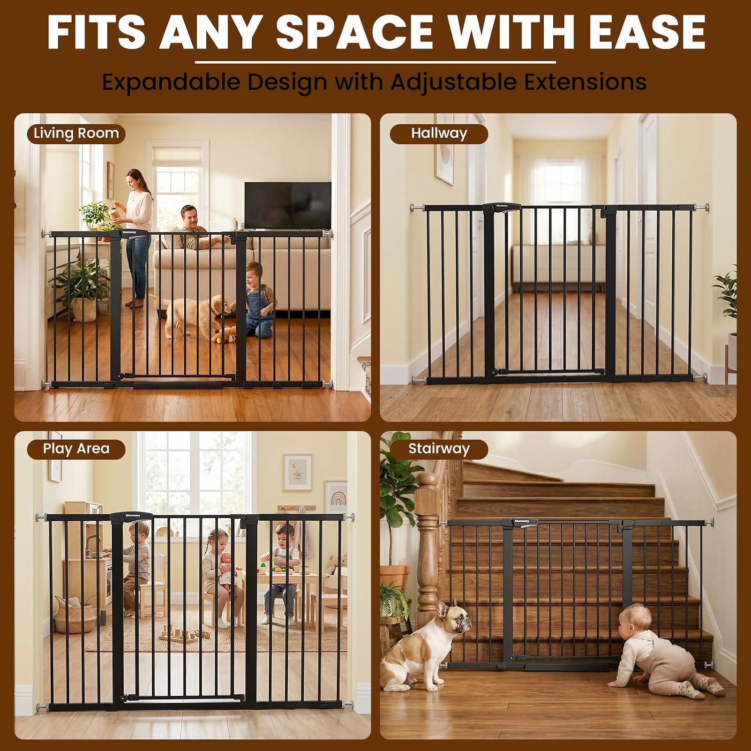 Mumeasy 36" Extra Tall Baby Gate for Doorways, 29.7"-57" Extra Wide Dog Gate for Stairs, Pressure Mounted Auto Close Pet Safety Gate with Easy Walk Thru Door, Large Indoor Child Gate for House, Black