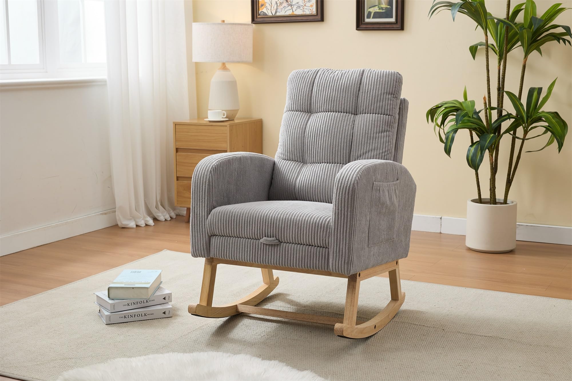 GAFFERIT Accent Rocking Chair with Solid Wood Legs, Teddy Fabric Upholstered Nursery Glider Rocker Chair with Footrest & High Backrest, Comfy Lounge Armchair with Side Pocket (Grey-Velvet)