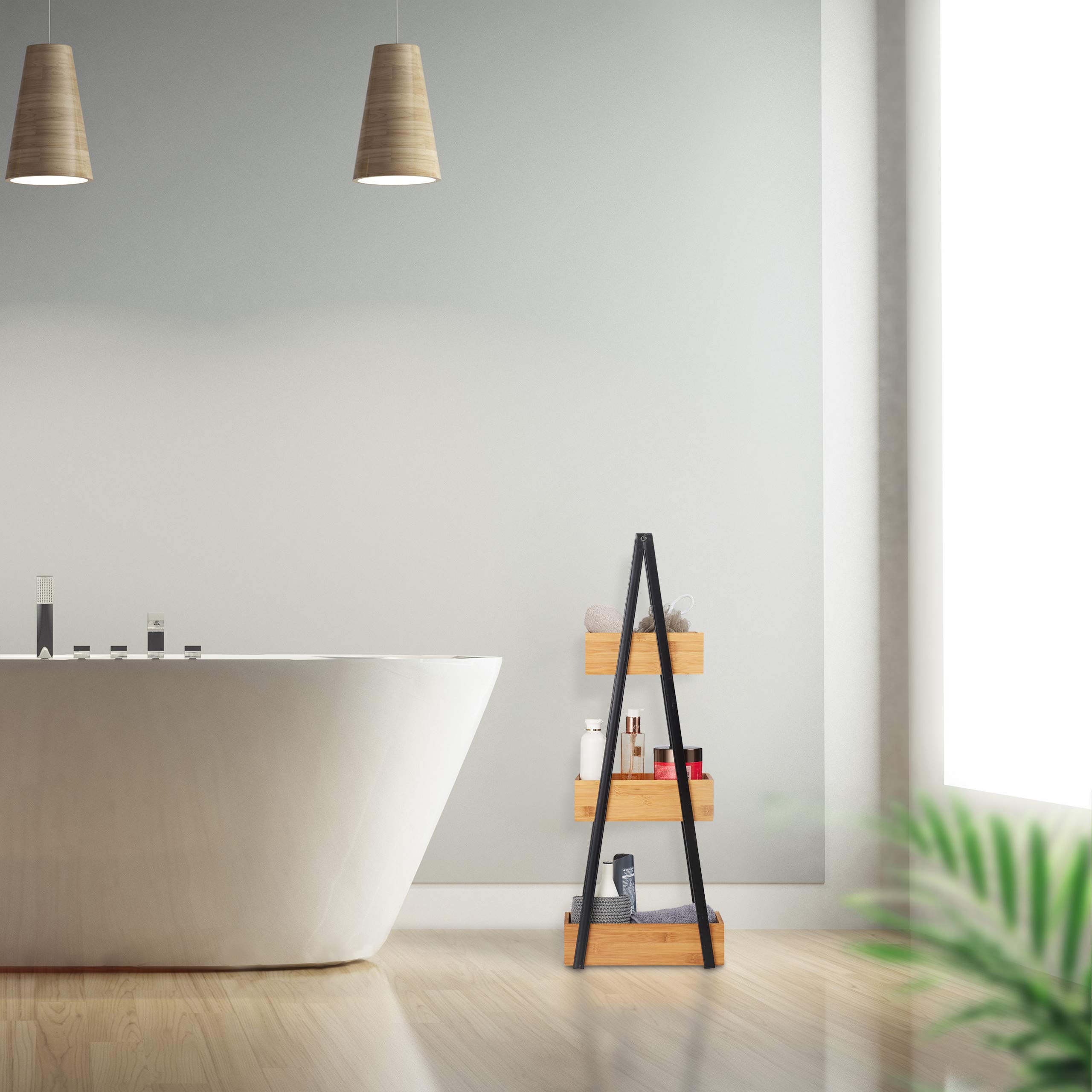 relaxdays Scaffale con 3 Scomparti da Bagno, in bambù, Salvaspazio, Mobiletto, in Metallo, 81x18x30cm Legno Naturale, 81 x 18 x 30 cm