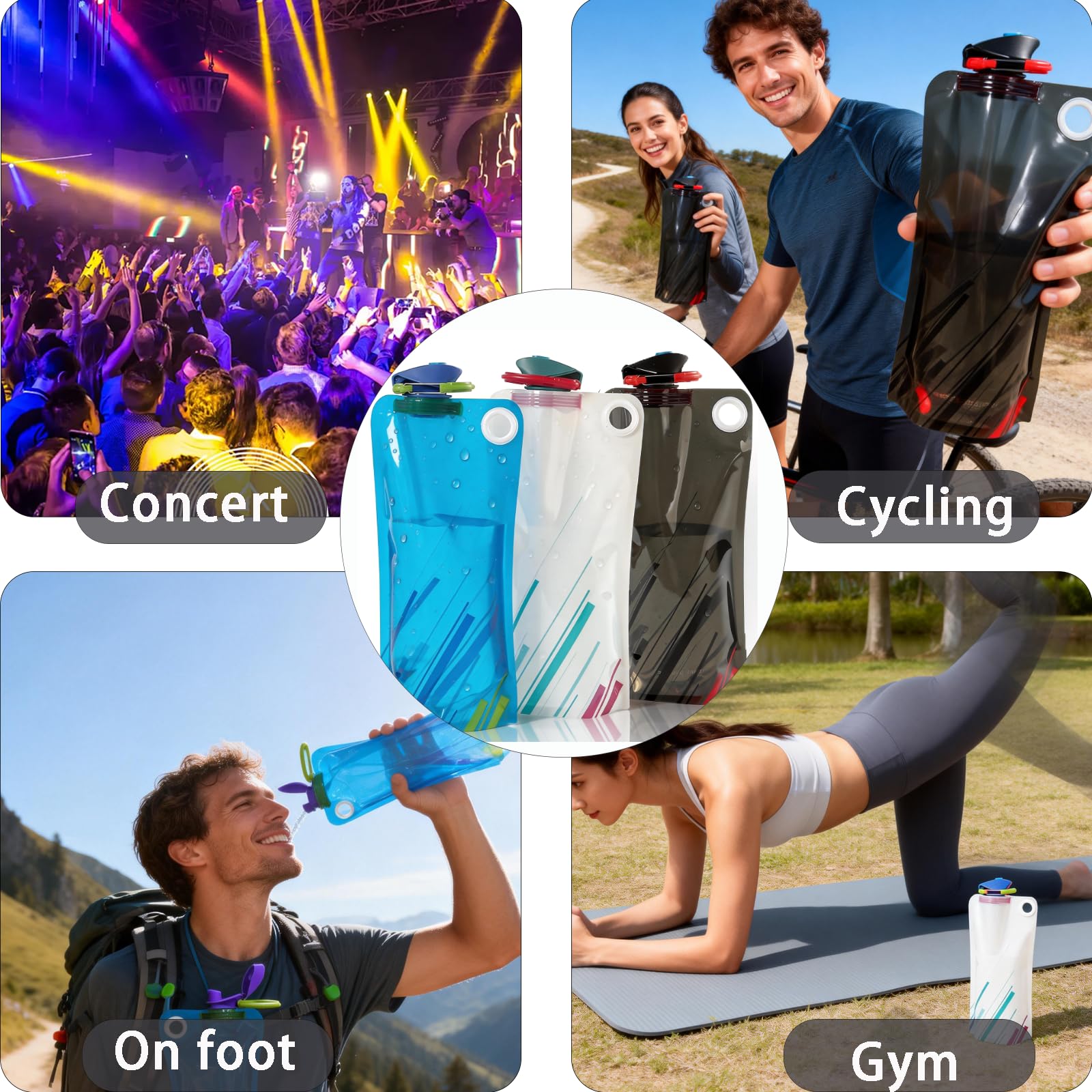 Borraccia Pieghevole 1000ML, 3PCS Bottiglia Riutilizzabile Con Moschettone, Portatile Bottiglia Pieghevole, Borraccia Morbida per Escursionismo, Adventures, Viaggi, Festival, Sport All'Aperto - 4