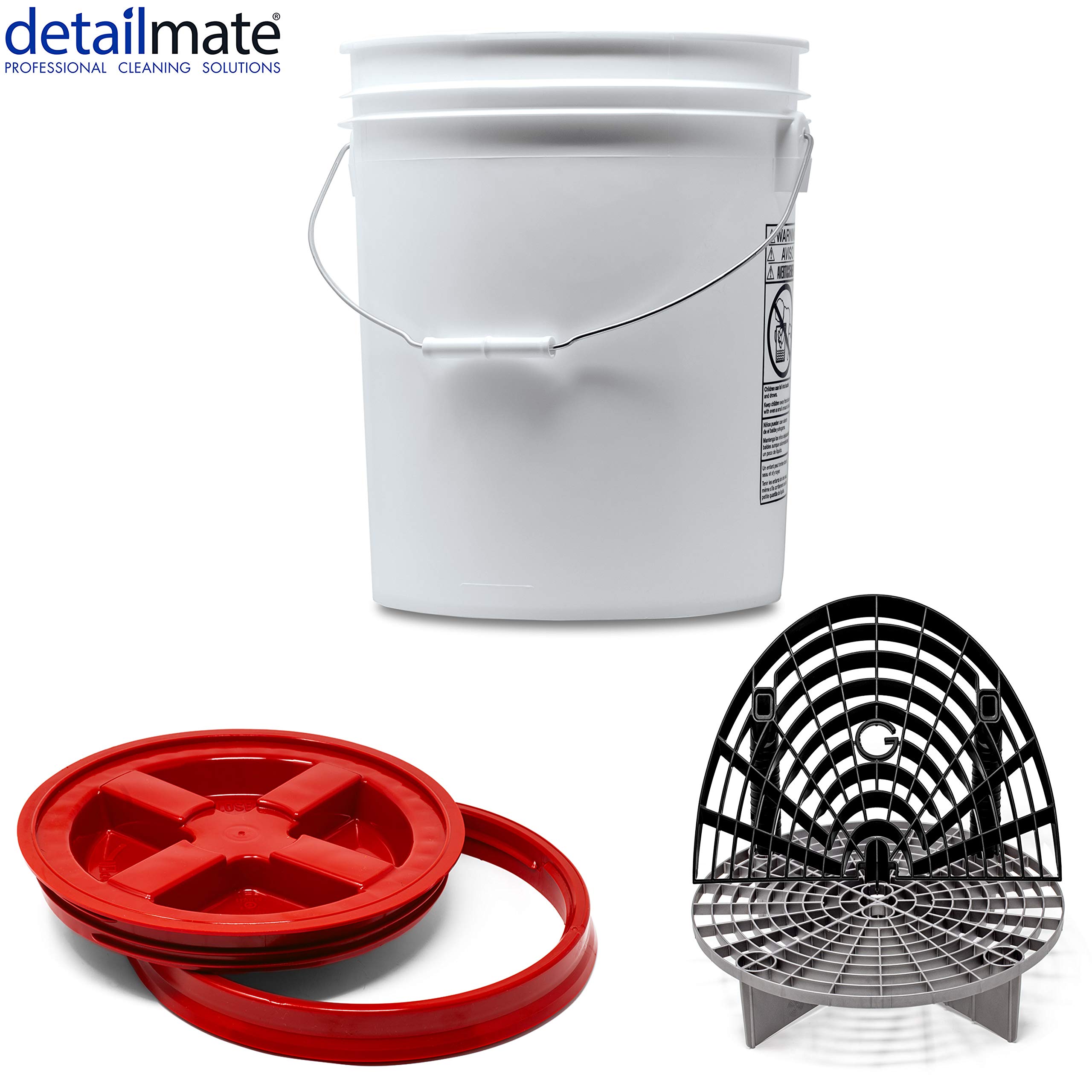 Detailmate professionelles Wasch Eimer Set: Magic Bucket Wascheimer 5 GAL (ca. 20 Liter), Gamma Seal Eimerdeckel rot, GritGuard Schmutz Einsatz Silber, GritGuard Washboard schwarz