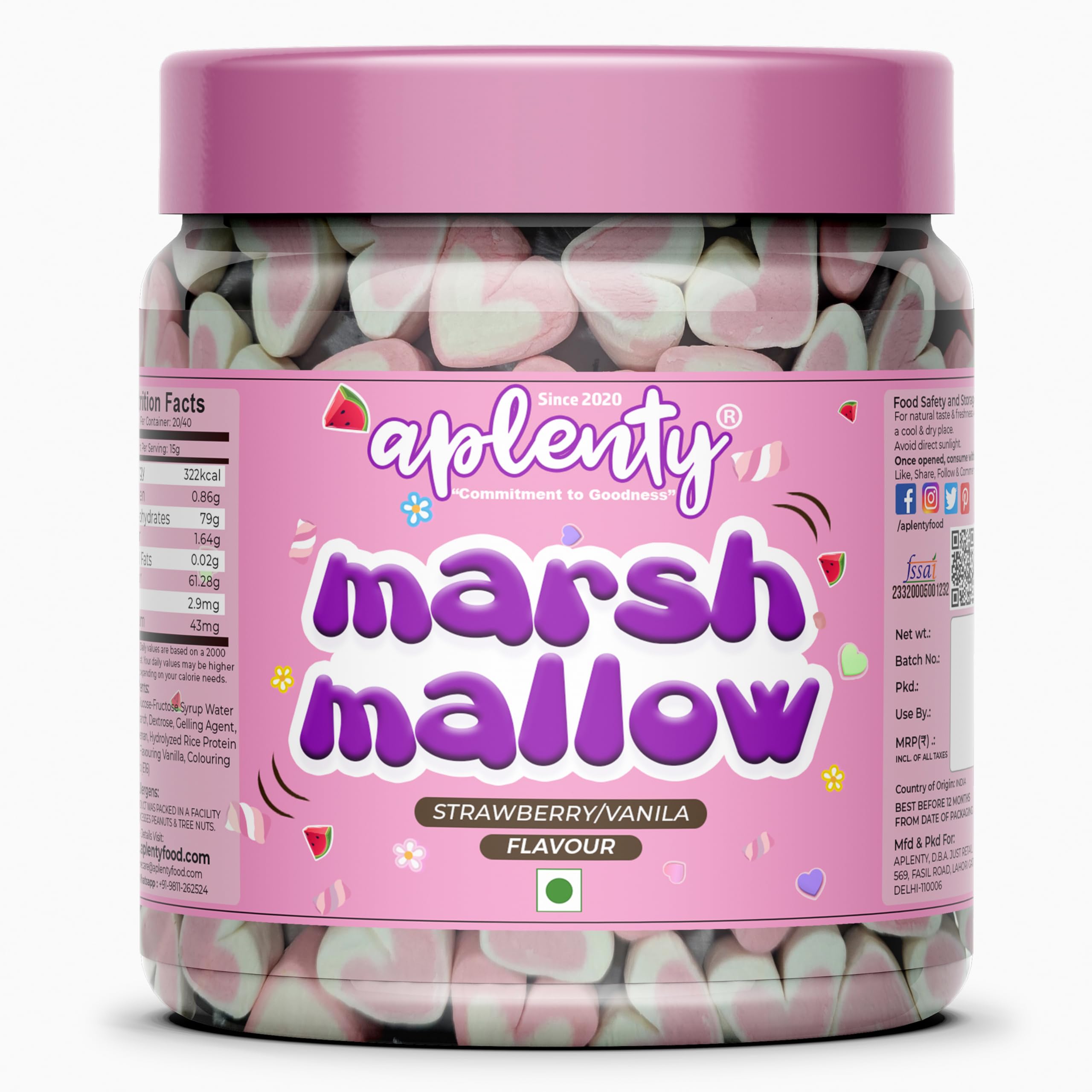 Aplenty Vegan Pink & White Heart Marshmallows Candy - 175 Gms (80 Pieces) ~ Assorted Fruit Flavour ~ Pure Veg Heart Shape Marshmallow