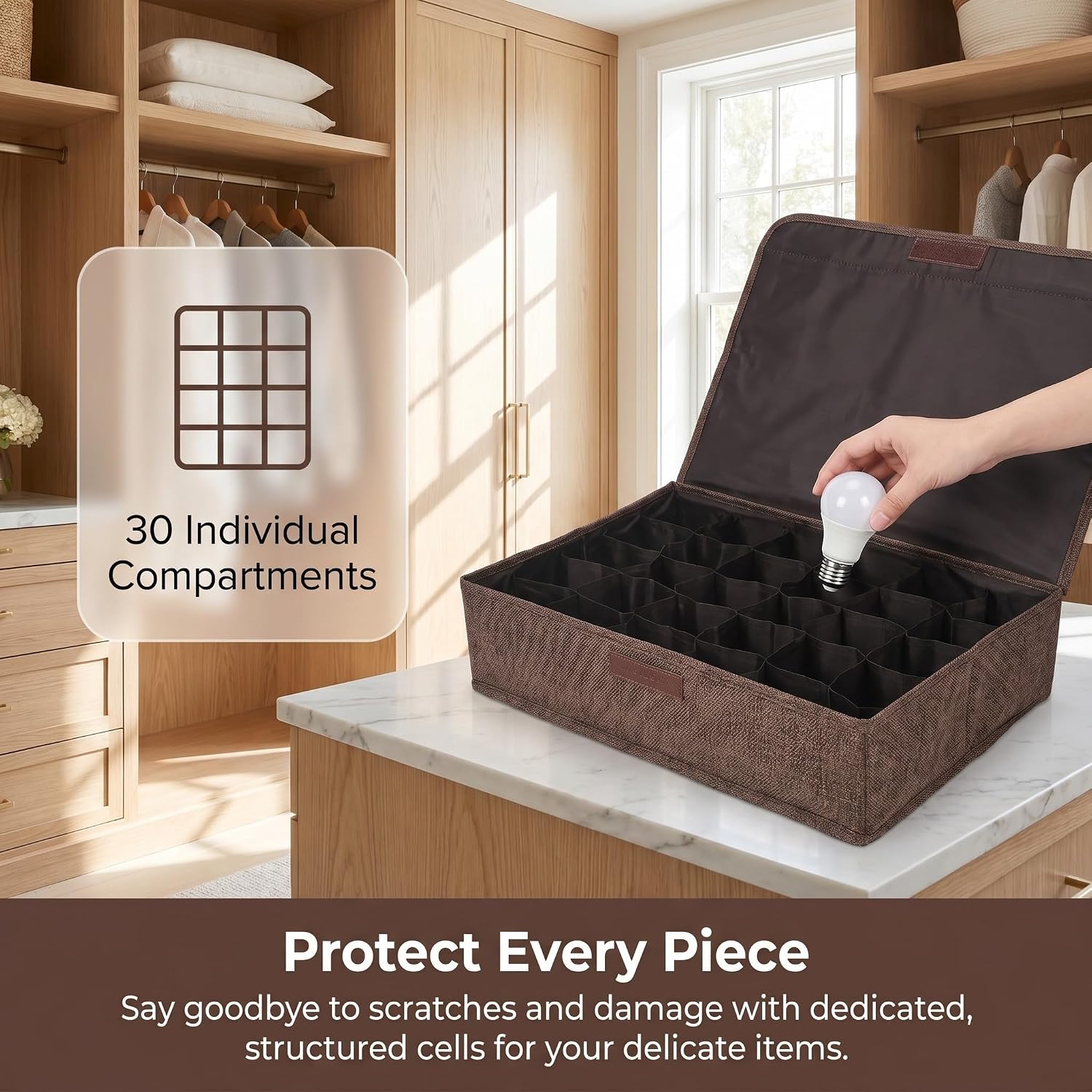Toddmomy Light Bulb Storage Organizer Box with Compartments and Dustproof Fabric Lid Foldable Bulb Container with Sturdy Pp Base for Christmas Ornaments Holiday Light Storage and Home