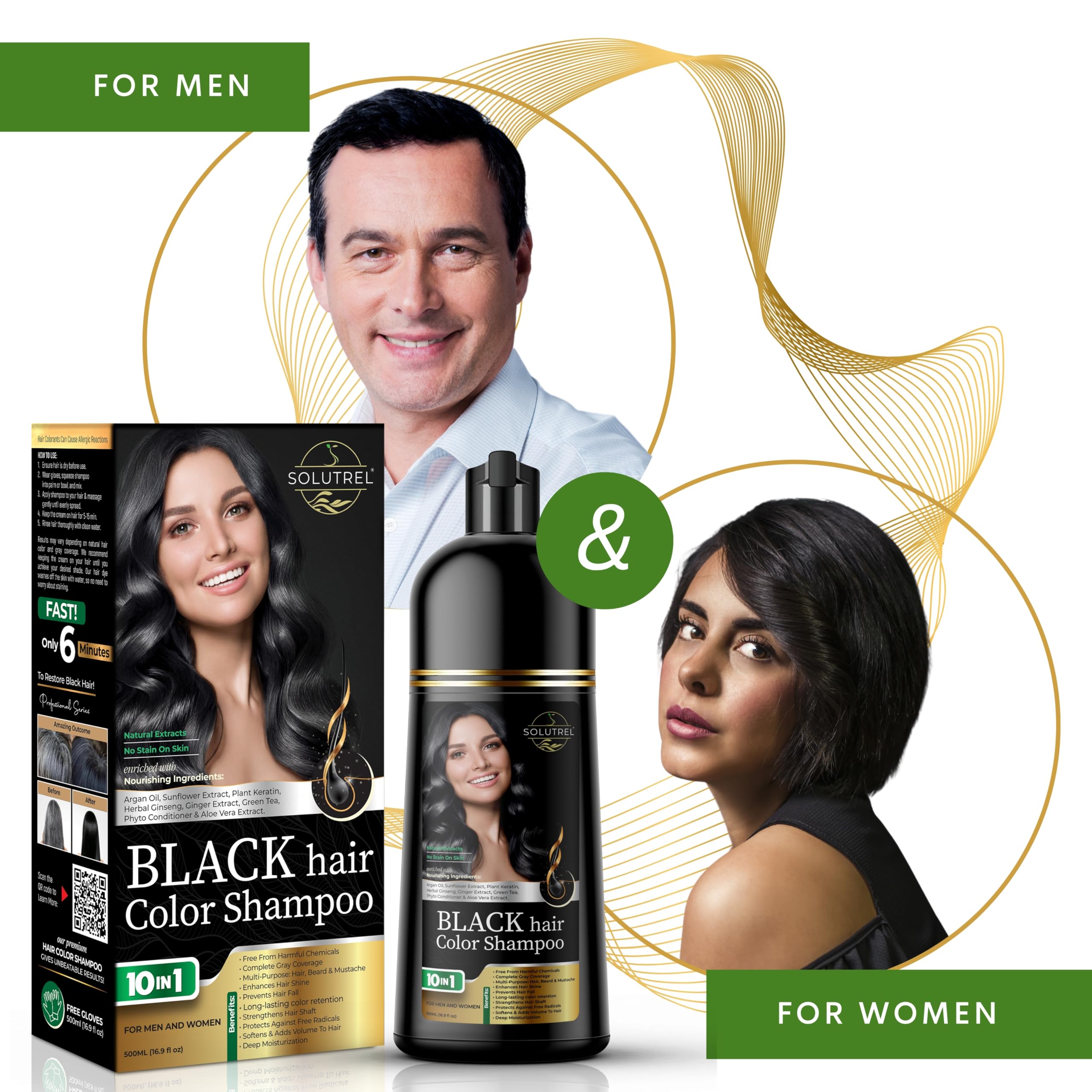 Solutrel Black Hair Dye Shampoo, 10-in-1 Herbal Gray Coverage