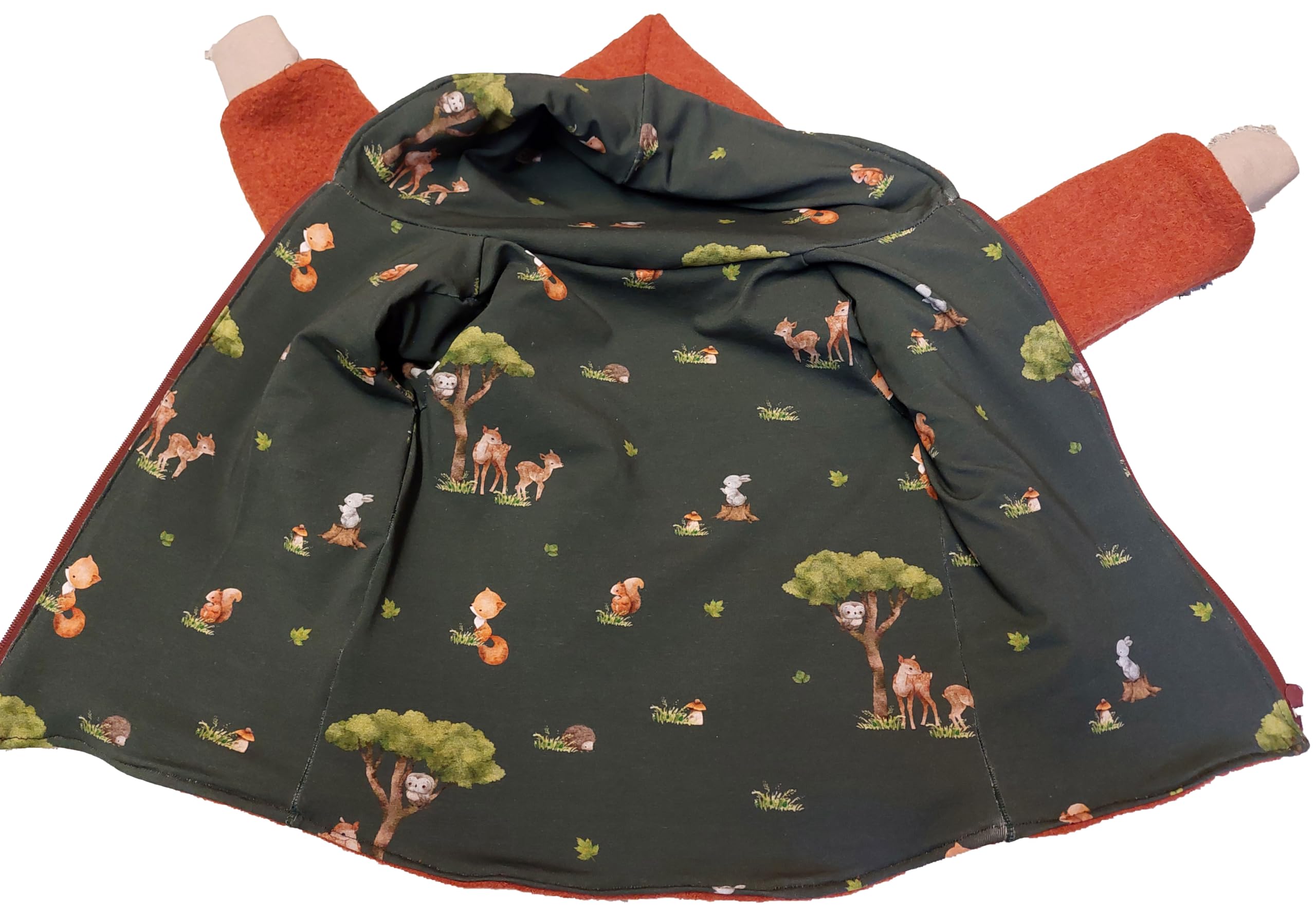 Wollwalkjacke Jacke Zipfeljacke Waldtiere Reh Wendejacke Kapuze Baby Kinder Wollwalkjacke