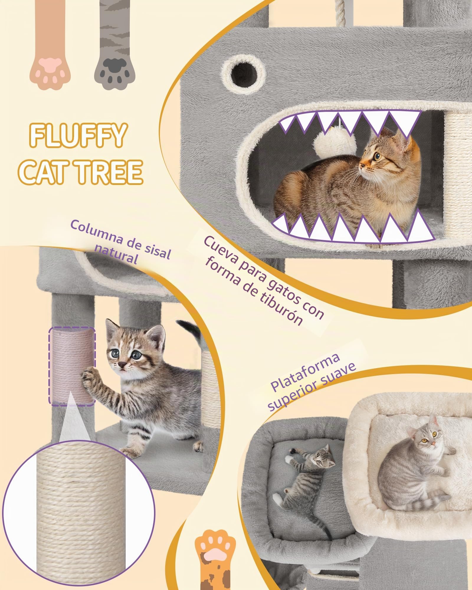 Hzuaneri Árbol para Gatos de 180 cm con 8 Postes Rascadores, 3 Plataformas, 2 Cuevas, Cesta, Bolas de Peluche y Cuerda de Sisal, Apto para Gatos de Todos Los Tamaños, Gris Claro MS18018LG