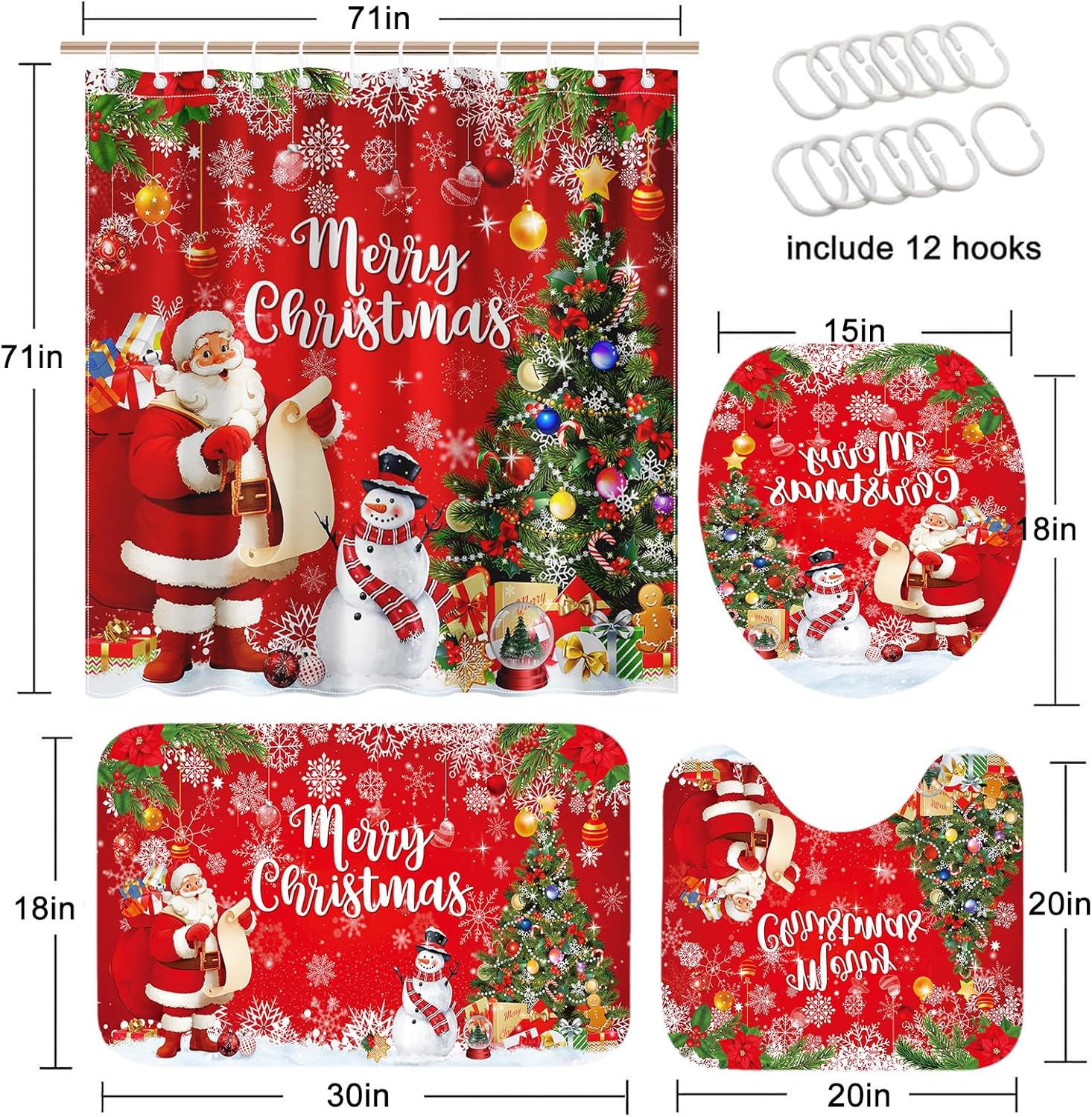Mocsicka Red Christmas Shower Curtain Set for Bathroom, 4Pcs Santa Claus Snowman Winter Bathroom Sets with Non Slip Rugs, Toilet Lid Cover, Bath Mat, Shower Curtain, Bathroom Decor with 12 Hooks