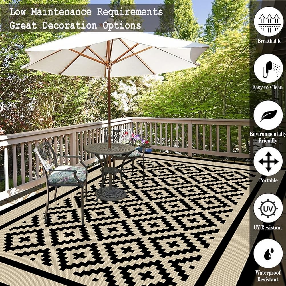 Tapis Extérieur Terrasse Beige et Noir 120x180,Tapis Plastique Antidérapant Moderne,Tapis d'extérieur Imperméable,Resistant Pluie,Réversible pour Jardin Balcon Porche Plage Pique-Nique Camping