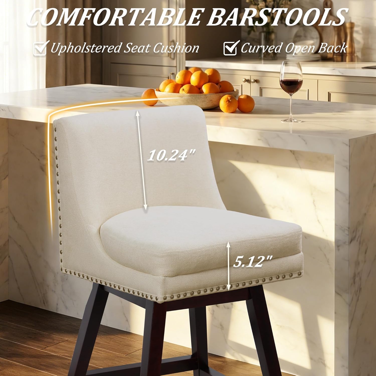 26 Inch Counter Height Bar Stools for Kitchen Island, Swivel Modern Bar Counter Stools with Back and Oak Wood Legs for Pub, Bistro, Kitchen, Cafe