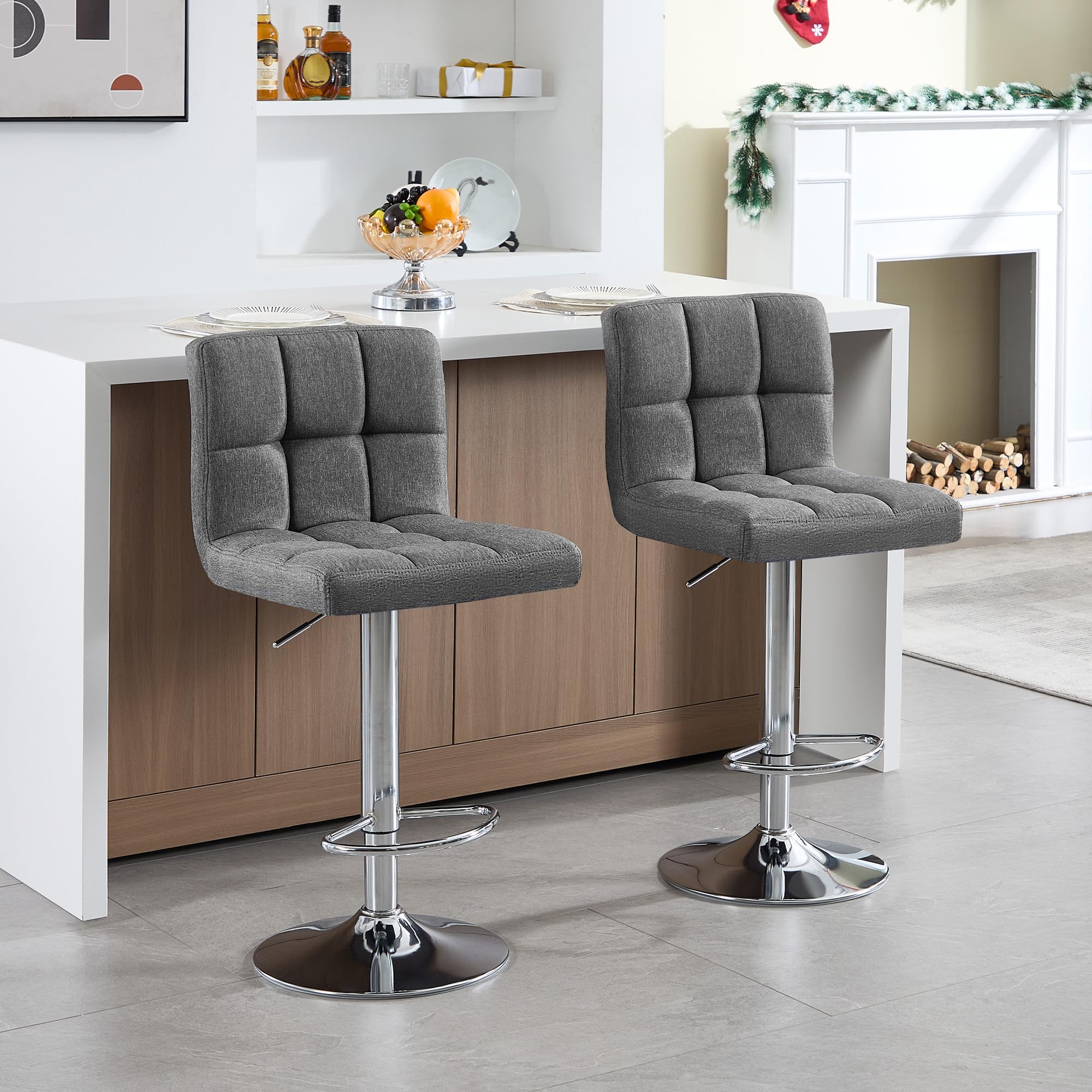 WOLTU Sgabello bar, con Schienale, Regolabile, Lino, Grigio Scuro