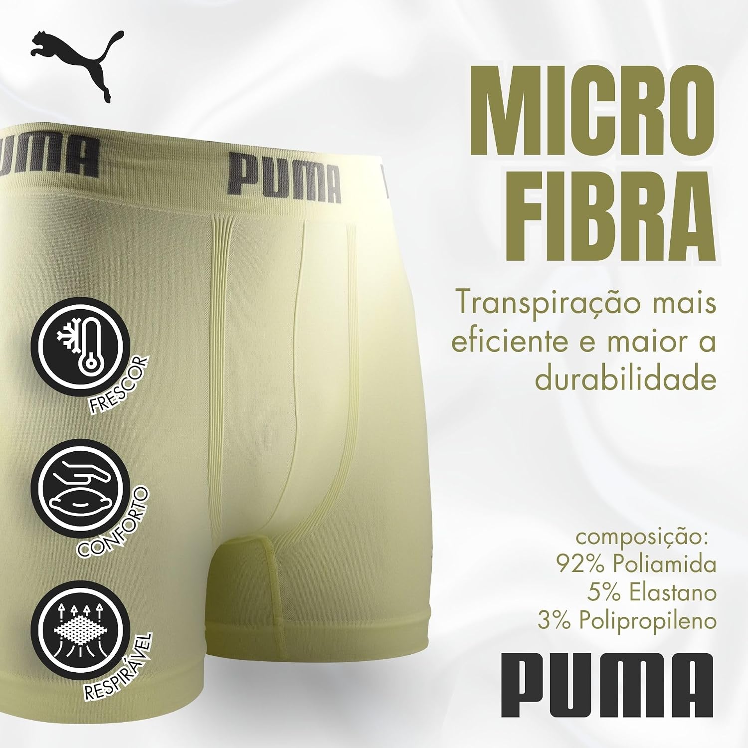 Kit 5 Cuecas Boxer Puma Sem Costura Microfibra Performance Elástico 40MM Masculino Adulto