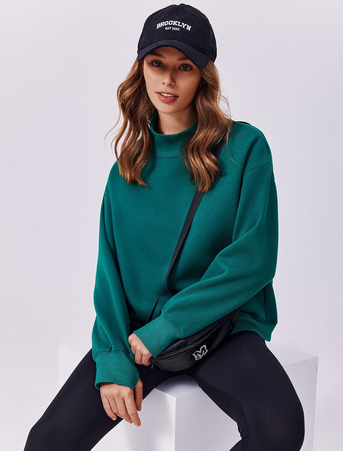 PINSPARK Sweatshirt for Women 2024 Long Sleeve Ribbed Turtleneck Sweatshirt with Side Pockets Thumb Hole Fleece Lined Casual Tops,Green Jade Small - Image 4
