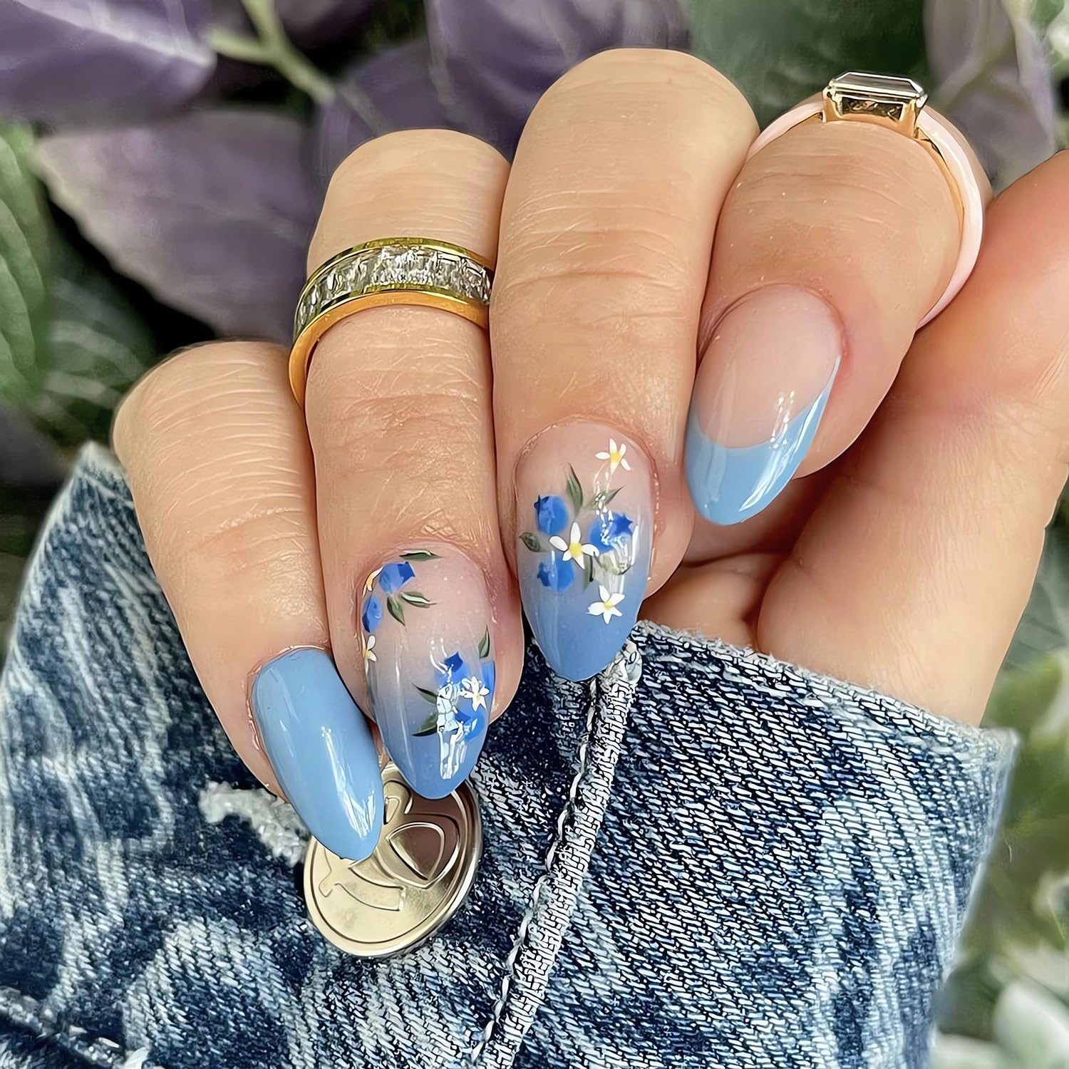 LPOODDNU Flower Press on Nails Almond Shape Fake Nails Medium Length Blue French Tip False Nails with Designs Glossy Full Cover Glue on Nails Cute