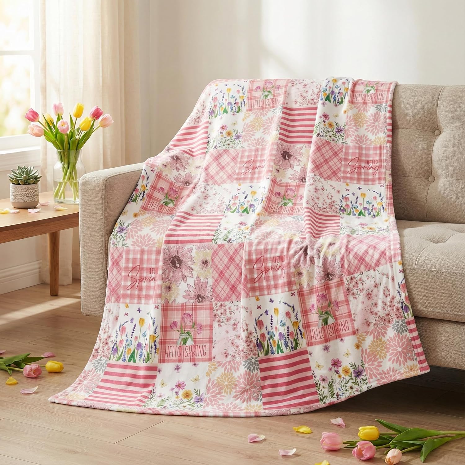 Horaldaily Spring Summer Flannel Blanket Throw, Pink Flowers Patchwork Soft Fuzzy Plush Cozy Fleece Blankets for Couch Sofa Bed Lounging, Ideal Gifts for Kids Adults Self, 50x60 - Image 2